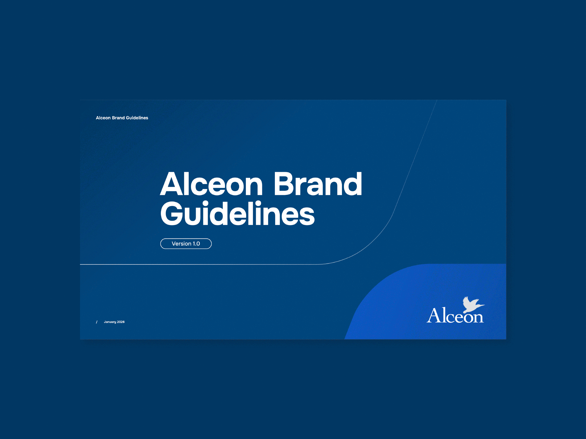 Cover page of the Alceon Brand Guidelines with the title 'Alceon Brand Guidelines', version 1.0, dated January 2026, featuring a blue background and the Alceon logo with a bird icon.