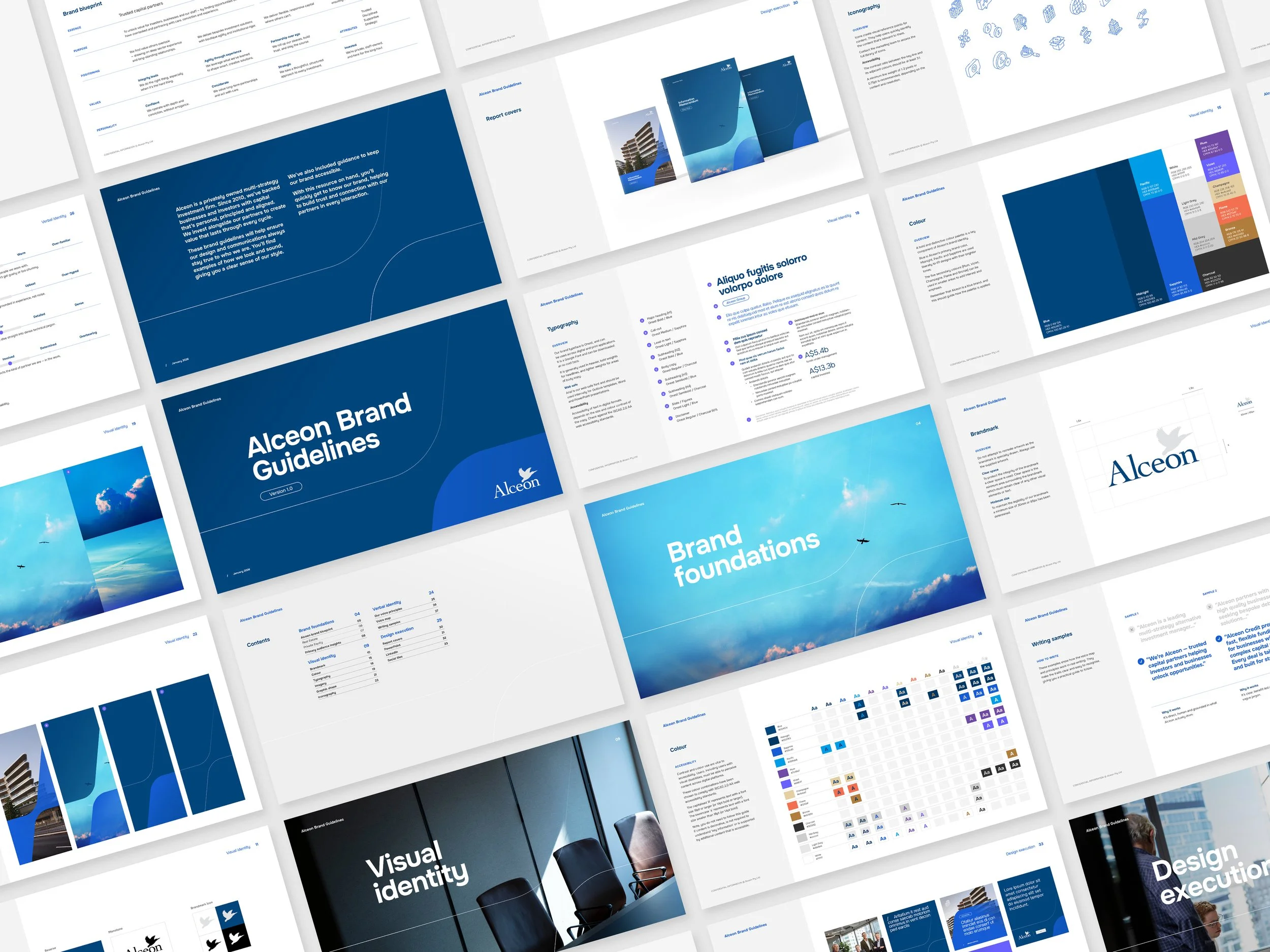A collection of printed documents and reports spread out, featuring blue and white design, text, charts, icons, and images related to branding and visual identity.