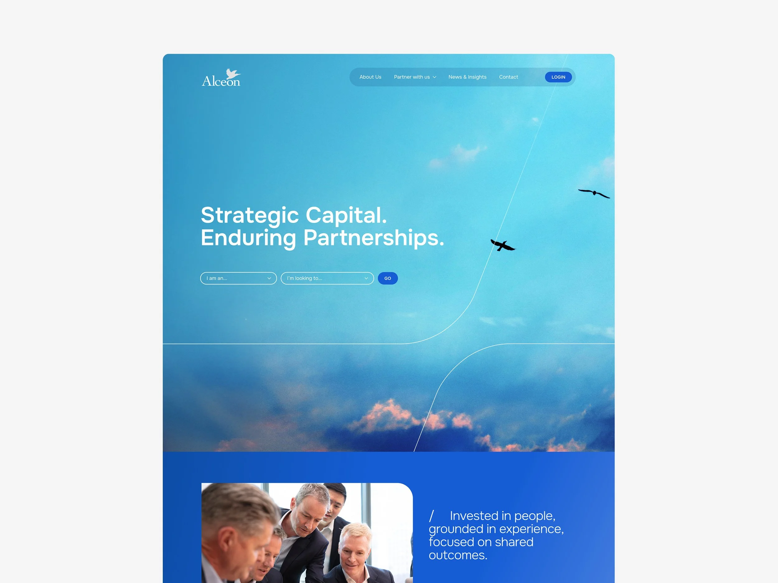 Website screenshot of Alceon with a blue sky and clouds background, featuring navigation links: About Us, Partner with us, News & Insights, Contact, and a Login button. Main text reads: 'Strategic Capital. Enduring Partnerships.'