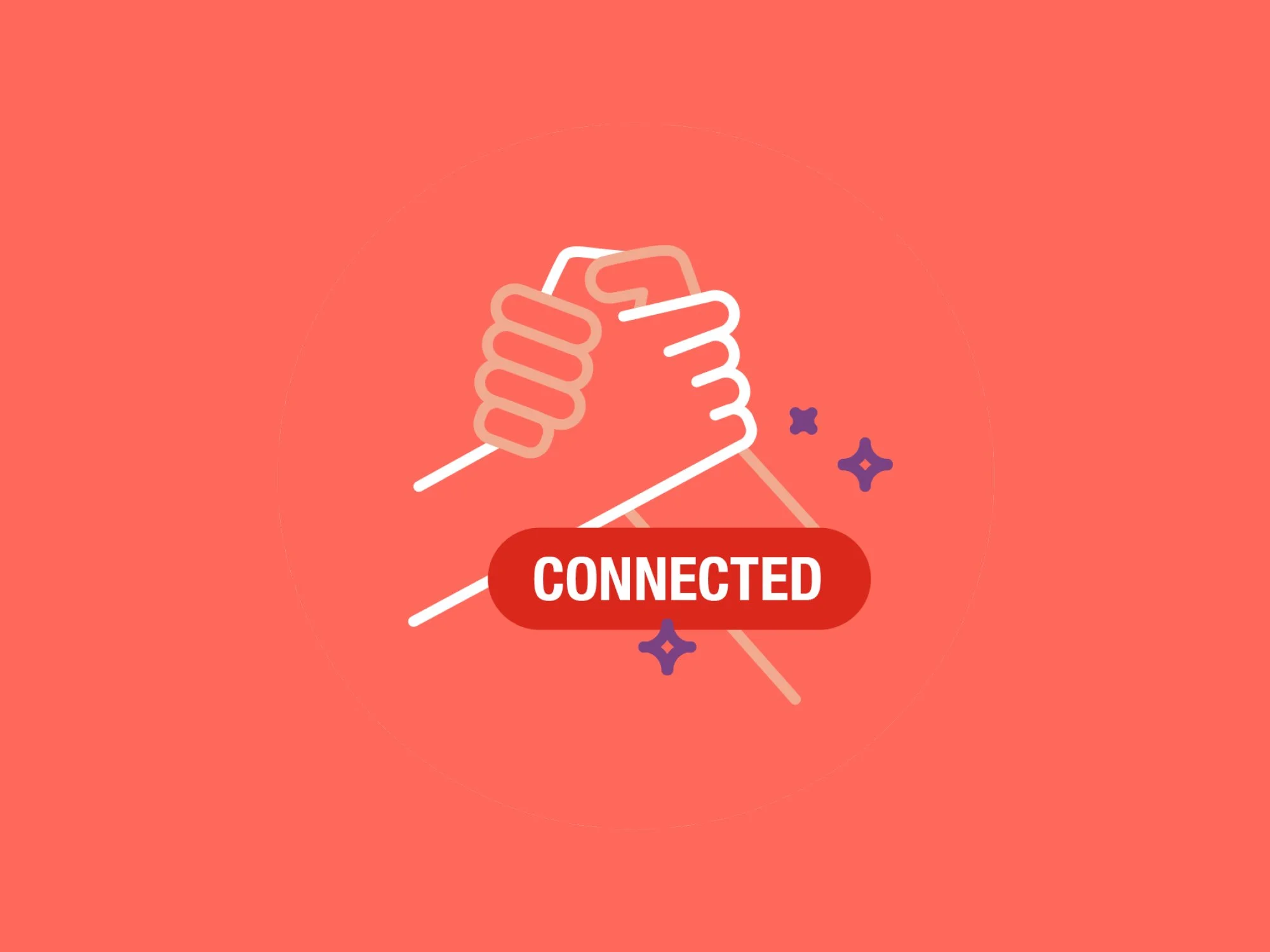 Illustration of two hands clasped together in a handshake. The background is coral, with a red badge overlapping the middle of the hands with the word 'CONNECTED' in white. Small decorative stars surround the hands.