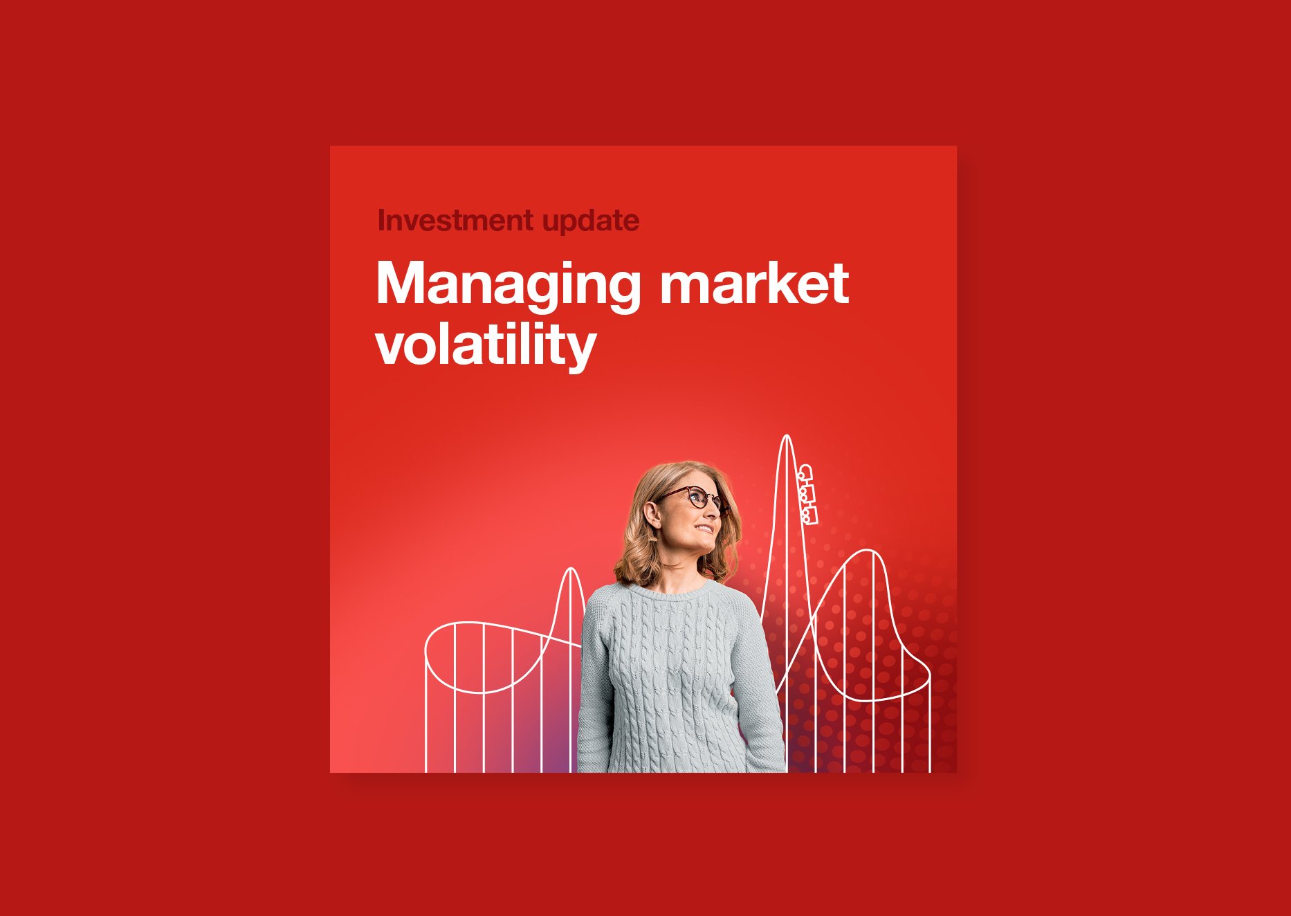 An image of a digital ad for TelstraSuper that reads 'Managing market volatility'. An image of a woman with a line drawing of a rollercoaster sits below this copy