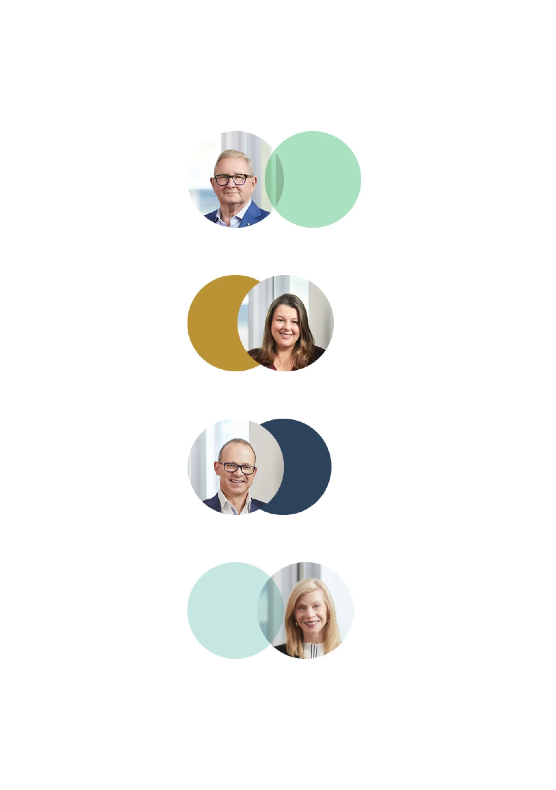 A series of circular profile pictures of diverse people, arranged vertically, with colored circles overlapping each photo, including men and women of different ages smiling or looking serious.