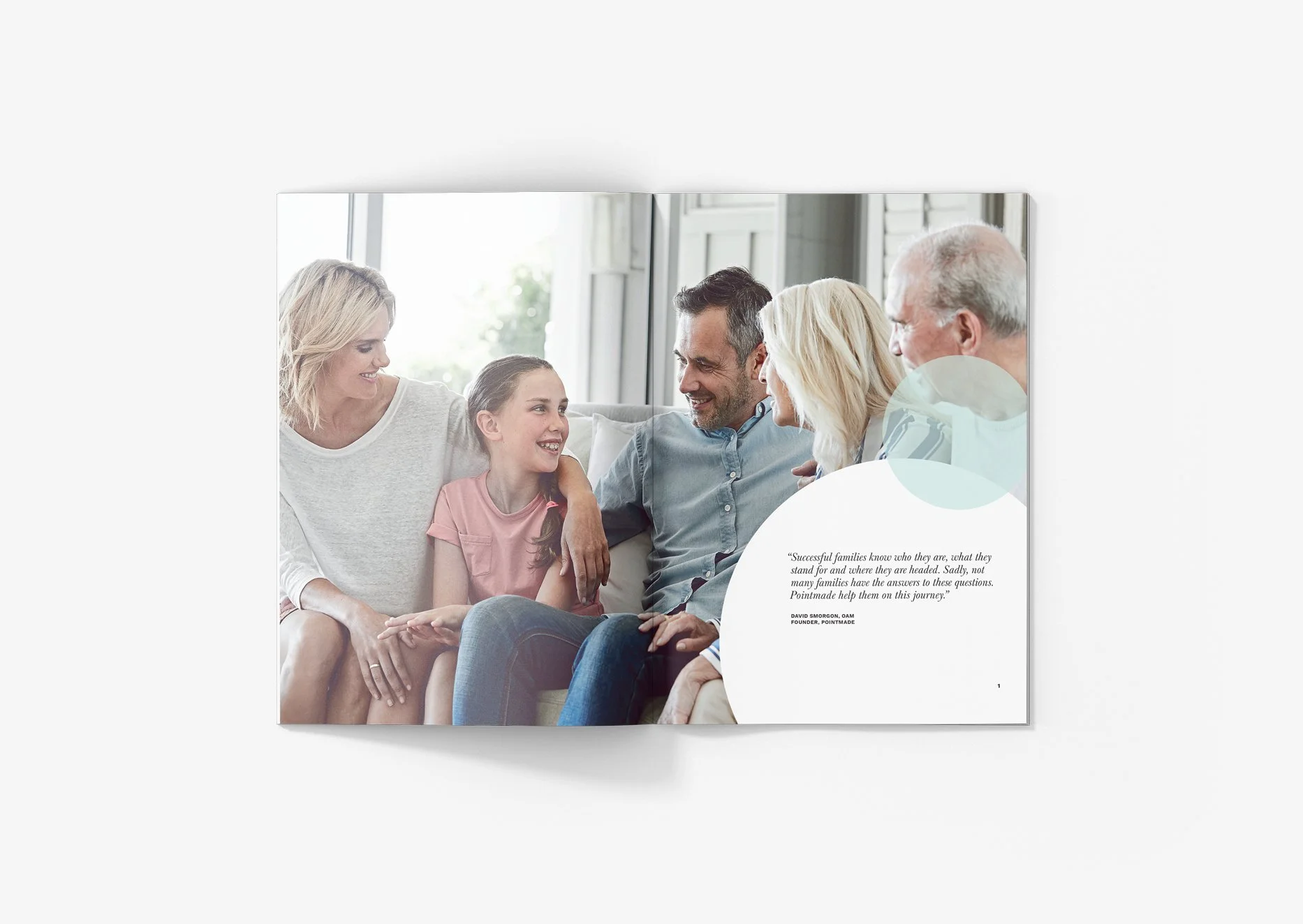 Sample page from the Pointmade brochure showing a family sitting on their couch