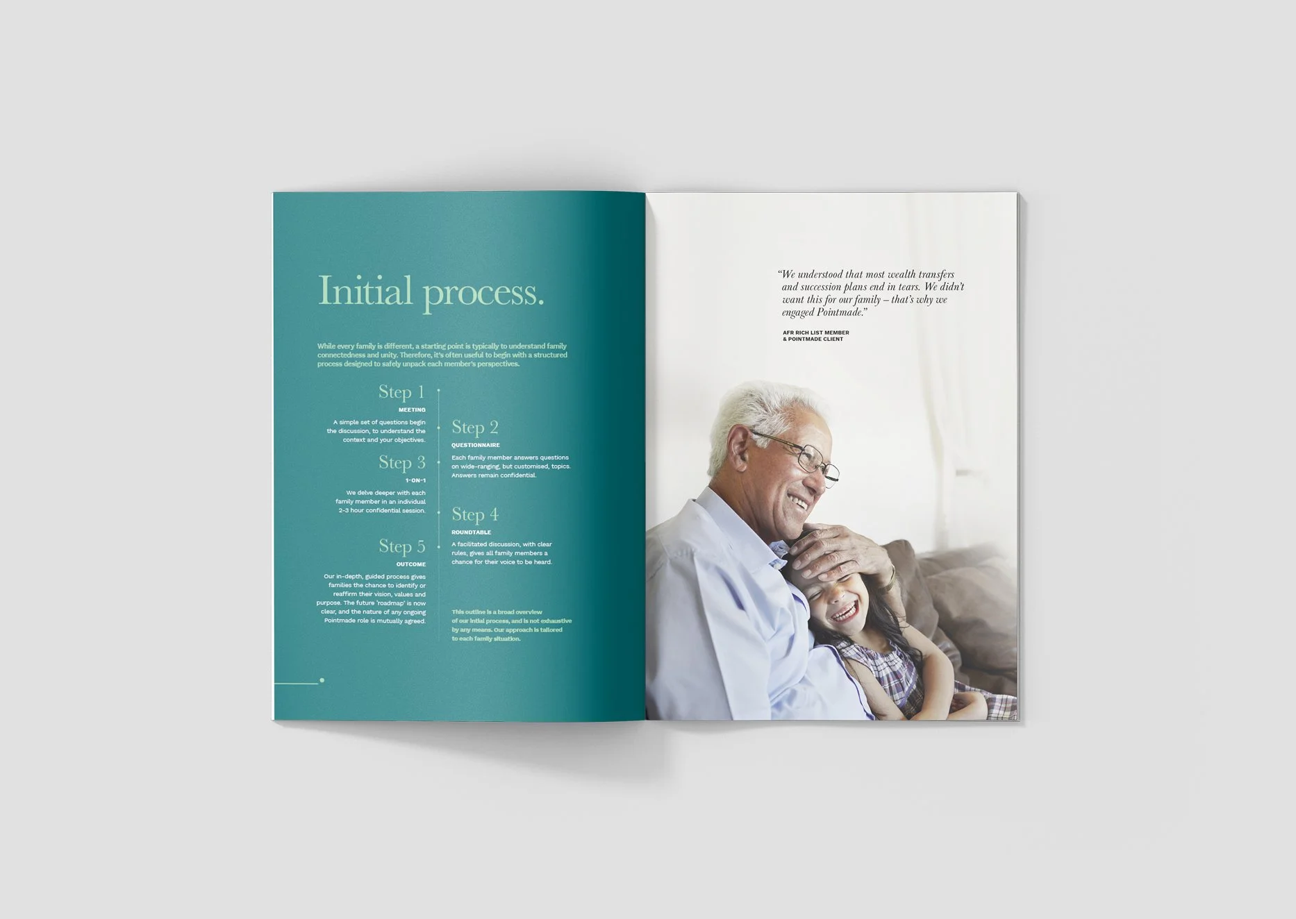 Sample page from the Pointmade brochure showing an older gentleman hugging his granddaughter
