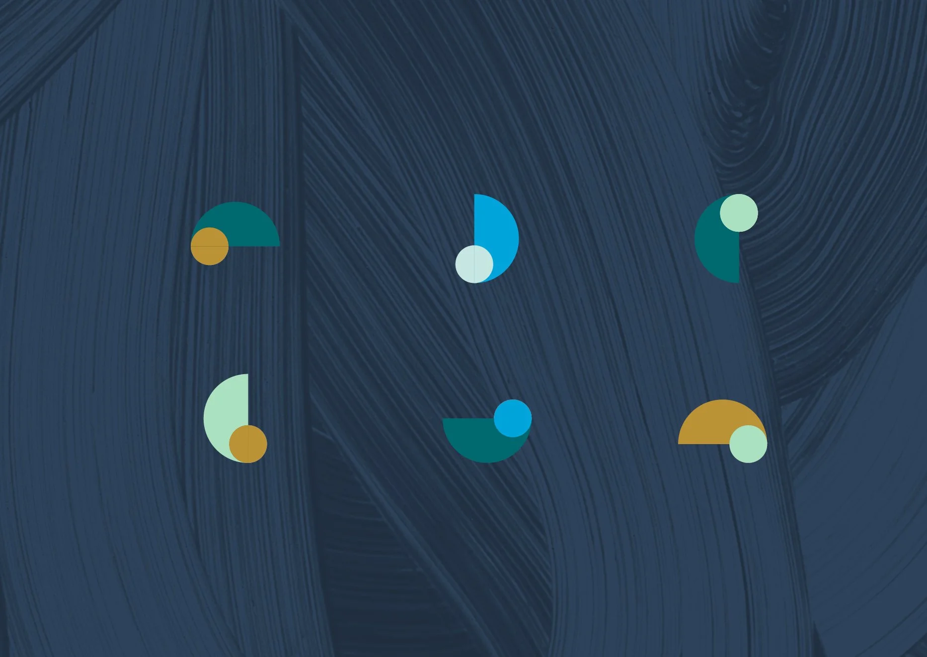 Abstract digital illustration with dark blue textured background and scattered colorful semi-circular and circular shapes in shades of teal, blue, yellow, and mint green.