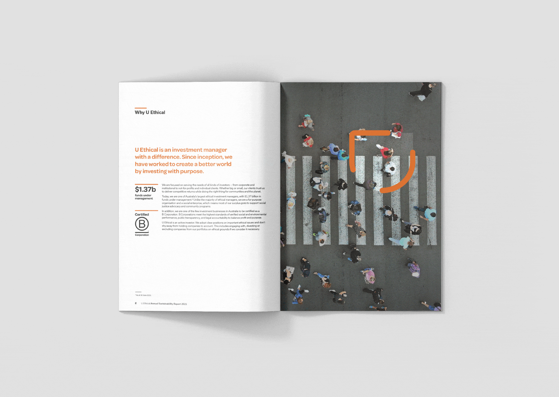 A moving image showing a sample of pages from the U Ethical Annual Report