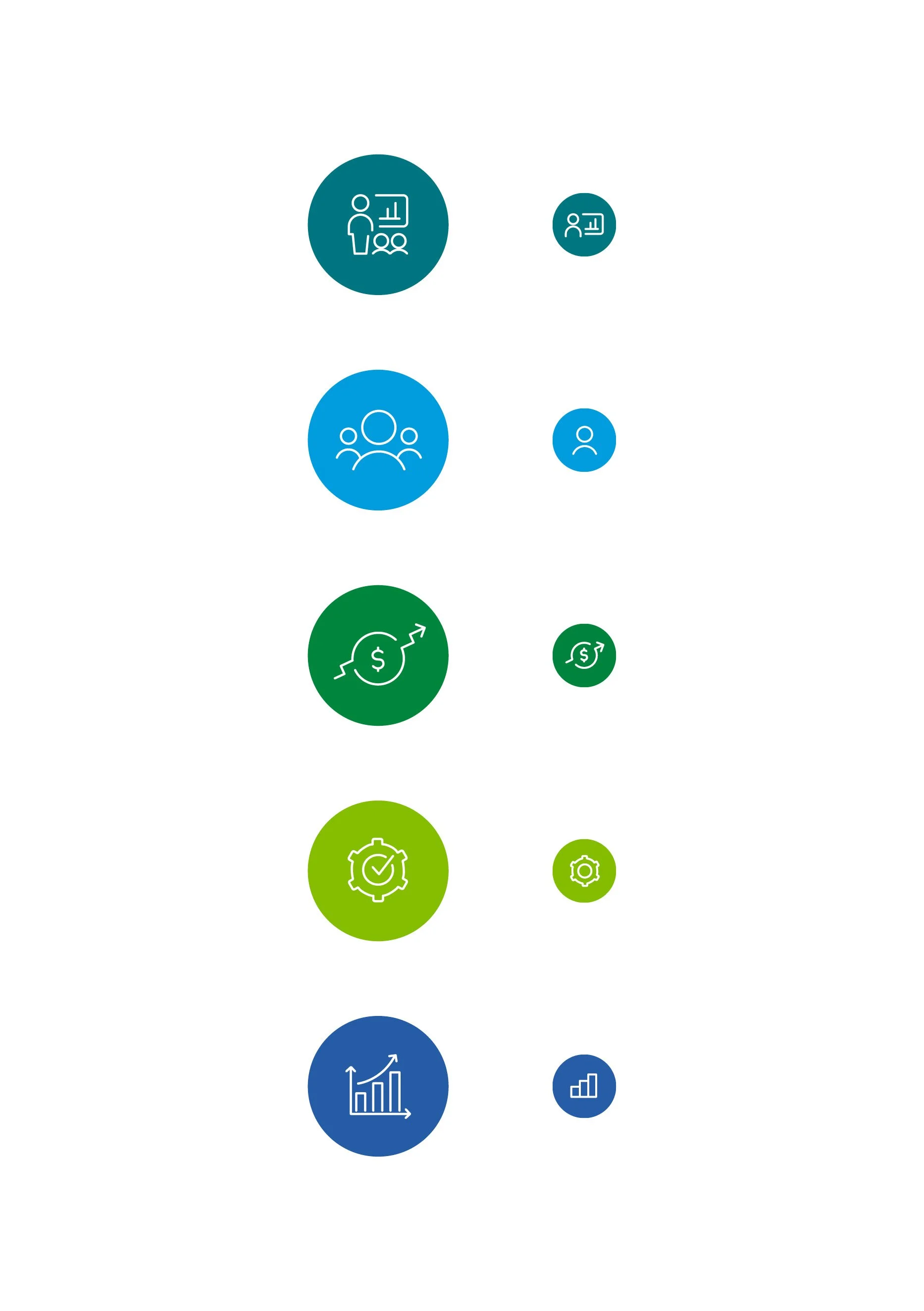 A series of colorful circular icons representing various business or financial concepts, including teamwork, growth, quality assurance, and data analysis.