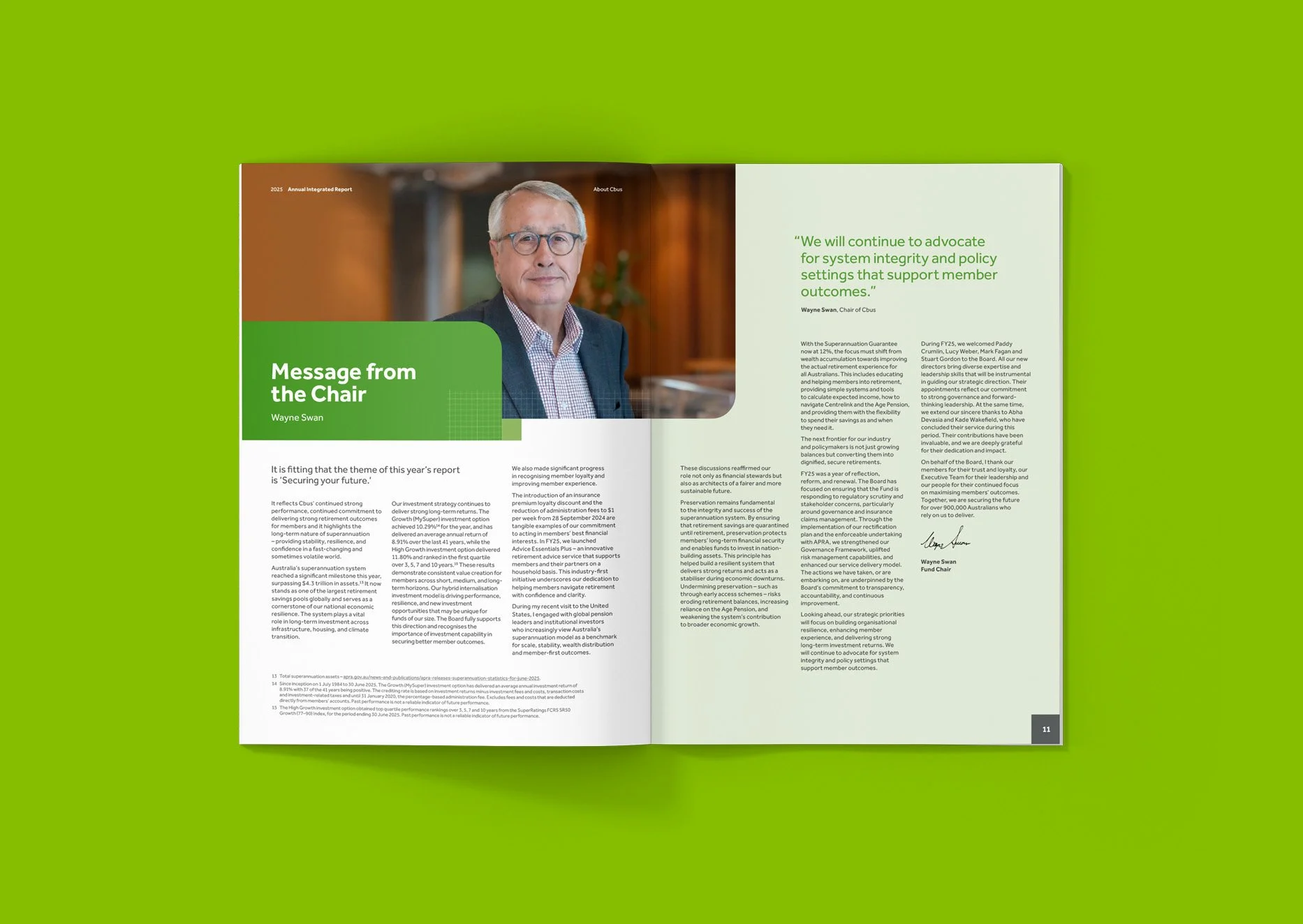 Open magazine spread with a professional photograph of an older man in a suit and glasses on the left page, and a green quote box with text on the right page, set against a bright green background.