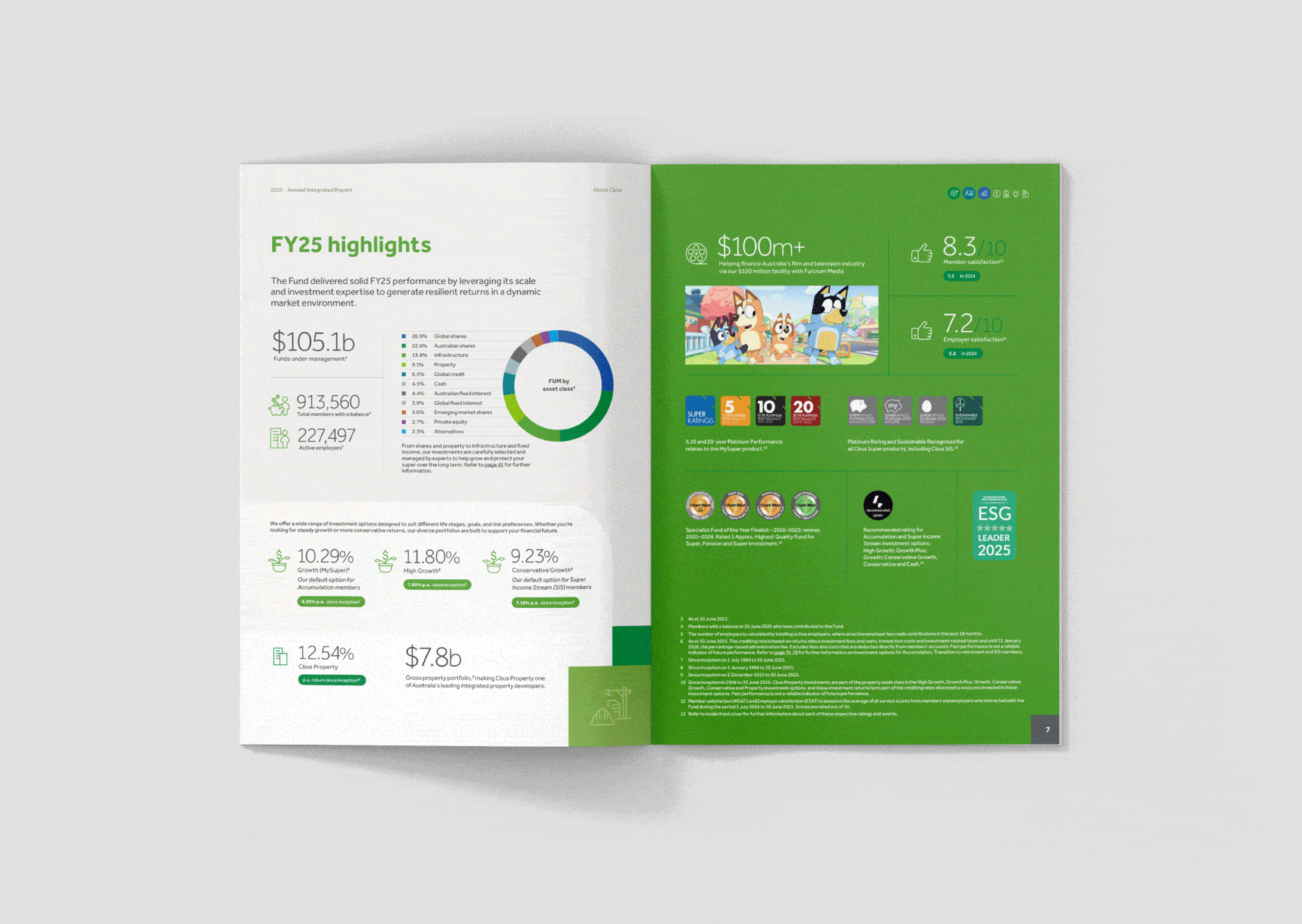 Open magazine or report showing financial data, charts, and performance highlights on a two-page spread with green and white sections, including logos and icons.