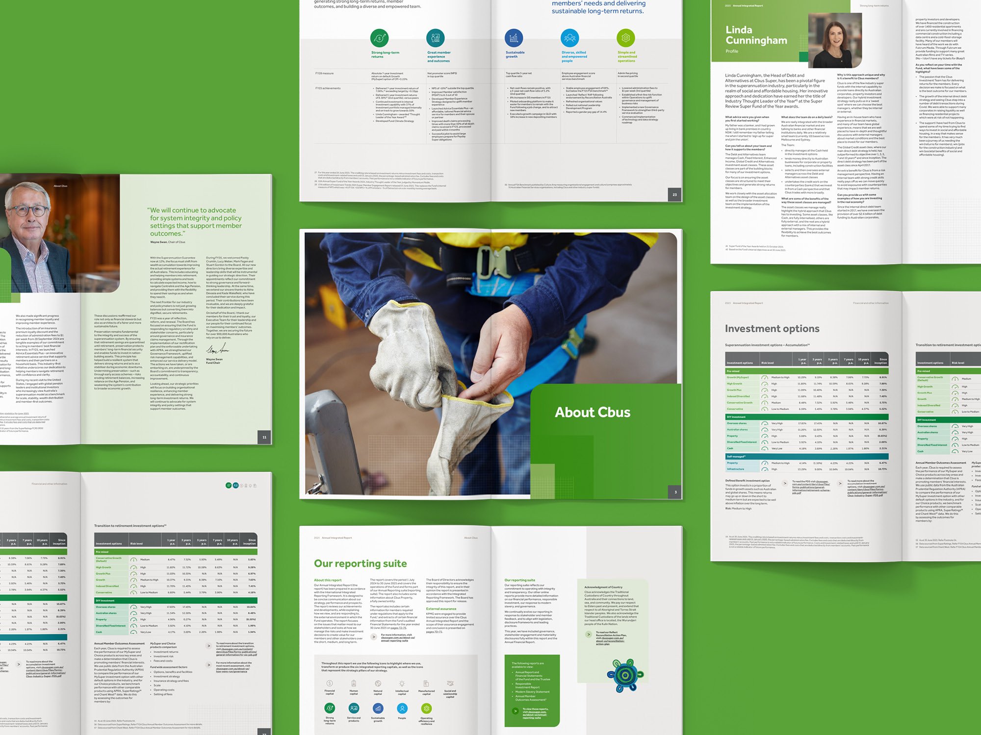 A two-page spread of an annual report featuring sections on investment options, company profile with a portrait of Linda Cunningham, and information about the organization. The layout includes green accents and a mix of text, tables, and images, including a close-up of a person wearing gloves and a harness.