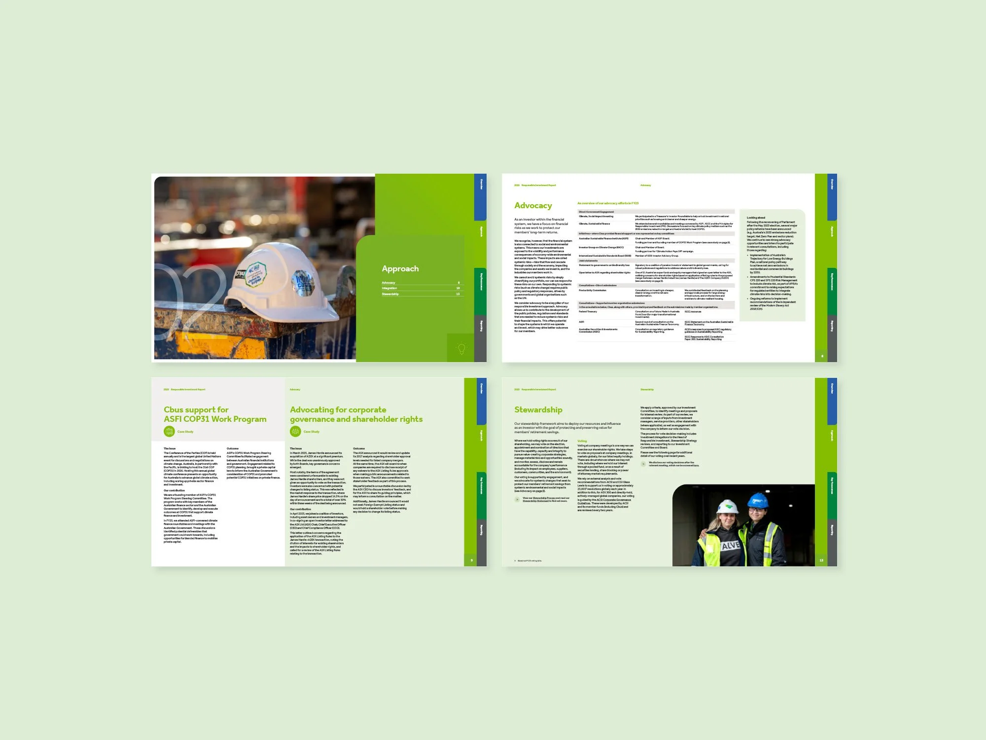 Open booklet featuring a construction helmet on a worksite and two women in safety gear smiling.
