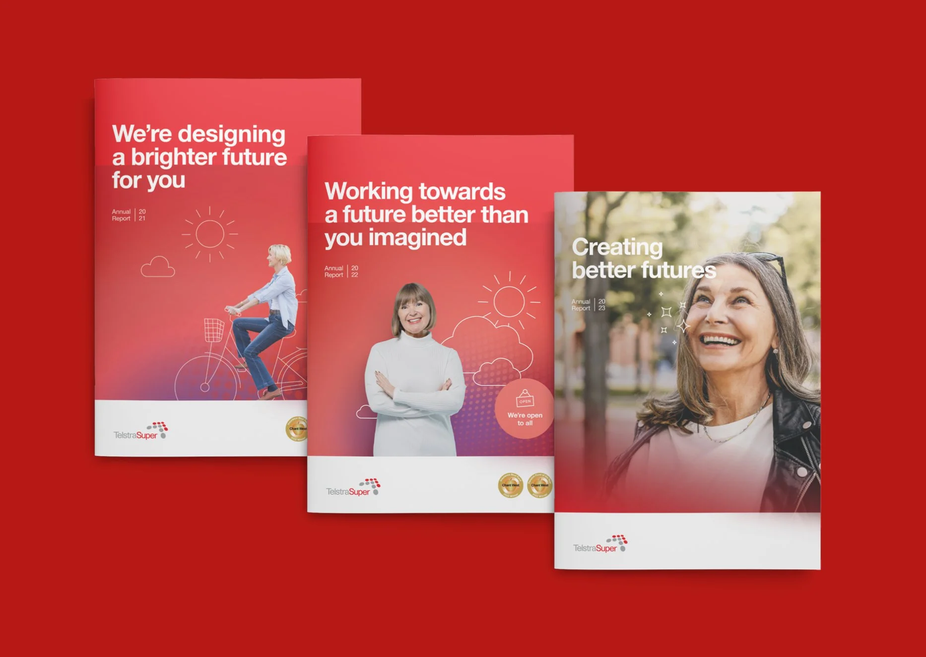 TelstraSuper annual report design. A series of covers of TelstraSuper annual reports