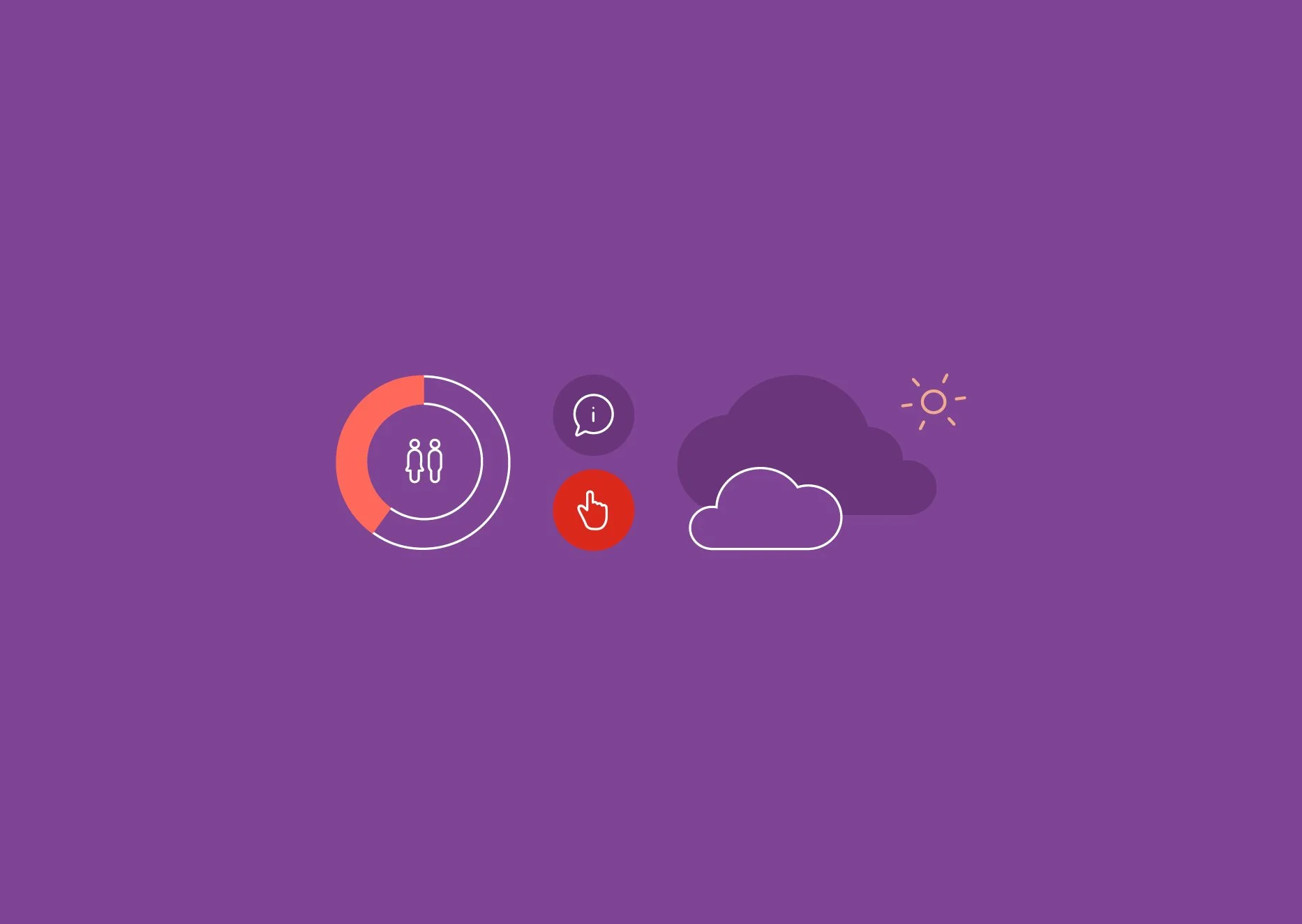 A purple background with various weather and social media icons, including a temperature gauge, chat bubble, sun, and clouds.
