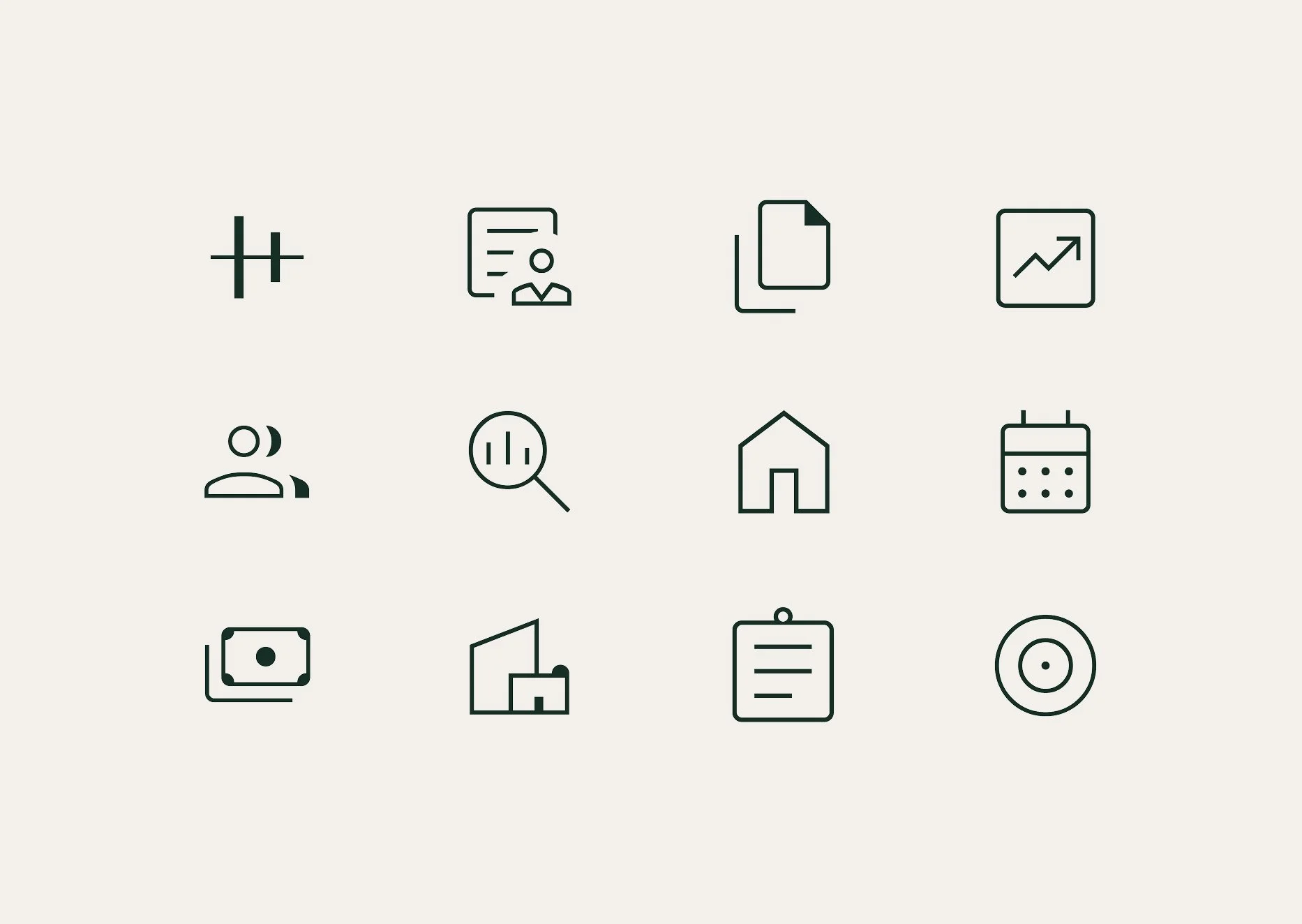 Collection of black outlined icons related to finance, documents, home, and growth on a light background.
