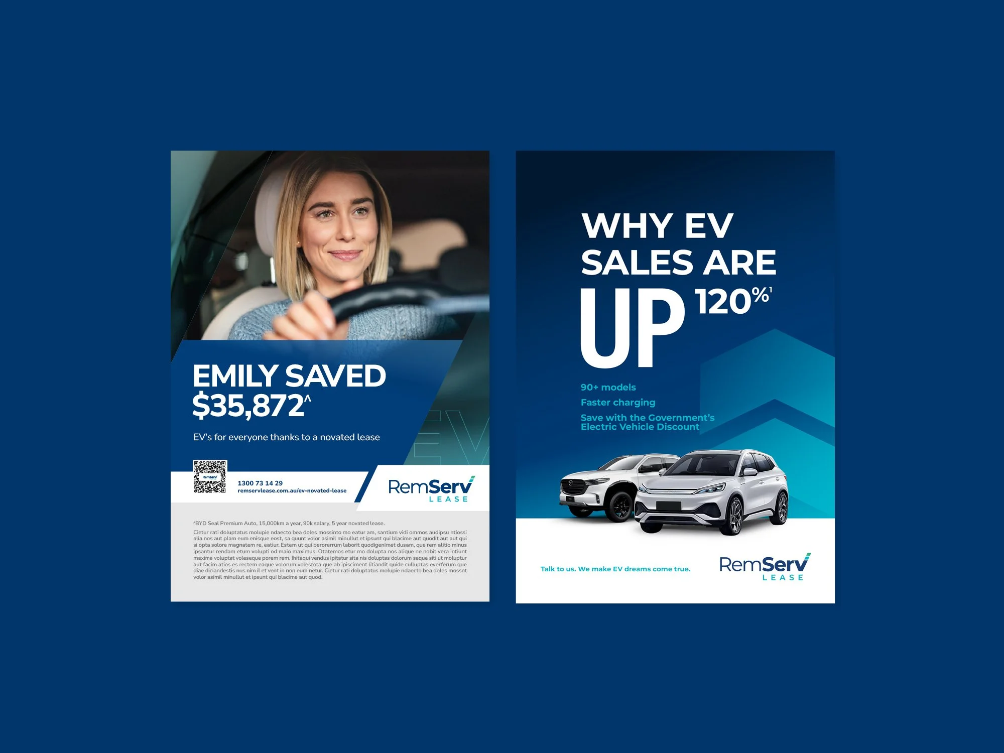 Examples of campaign posters promoting novated leasing and EV deals