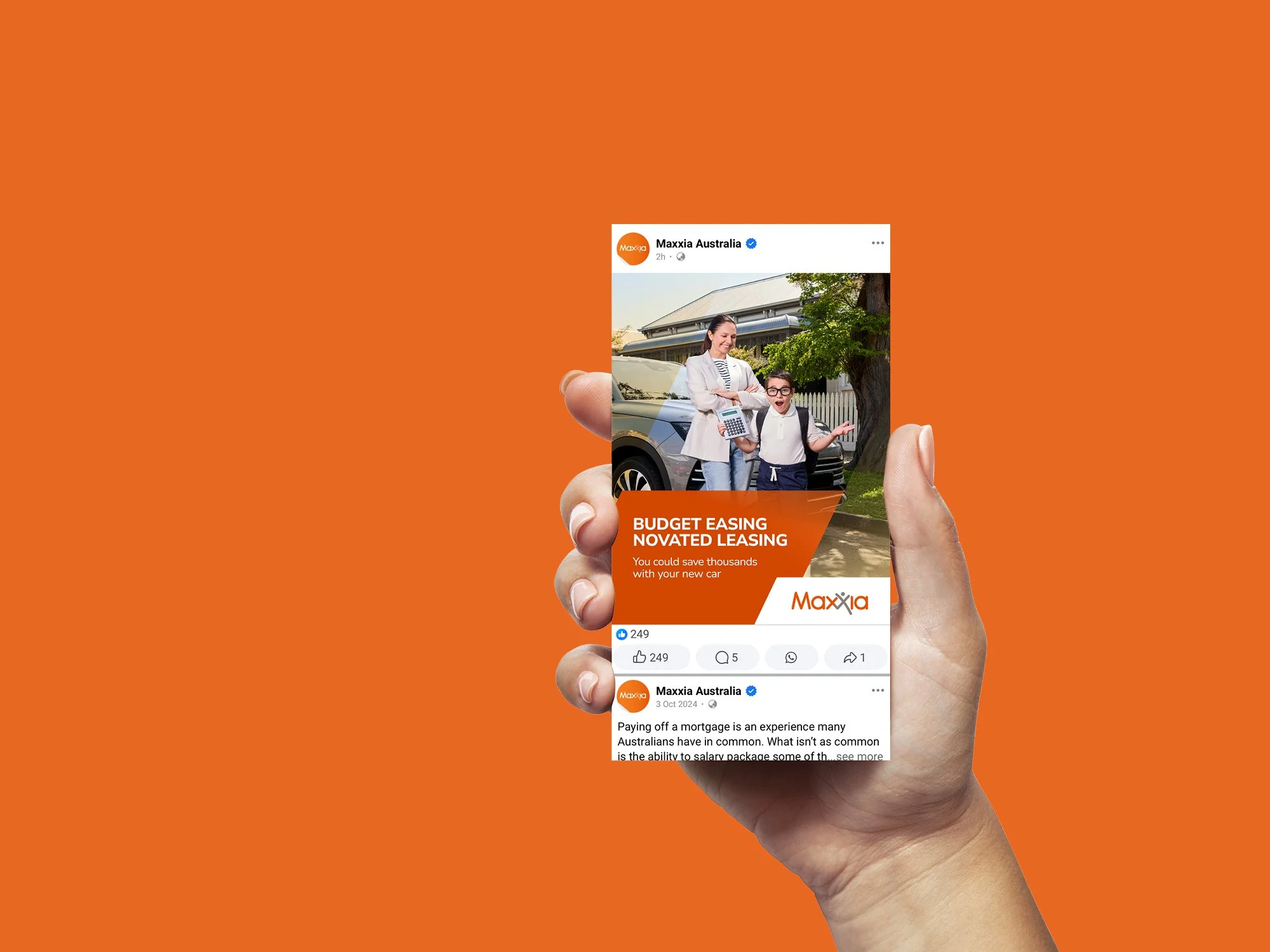 A mock up of a social feed showing advertising for Maxxia that states 'Budget easing novated leasing'