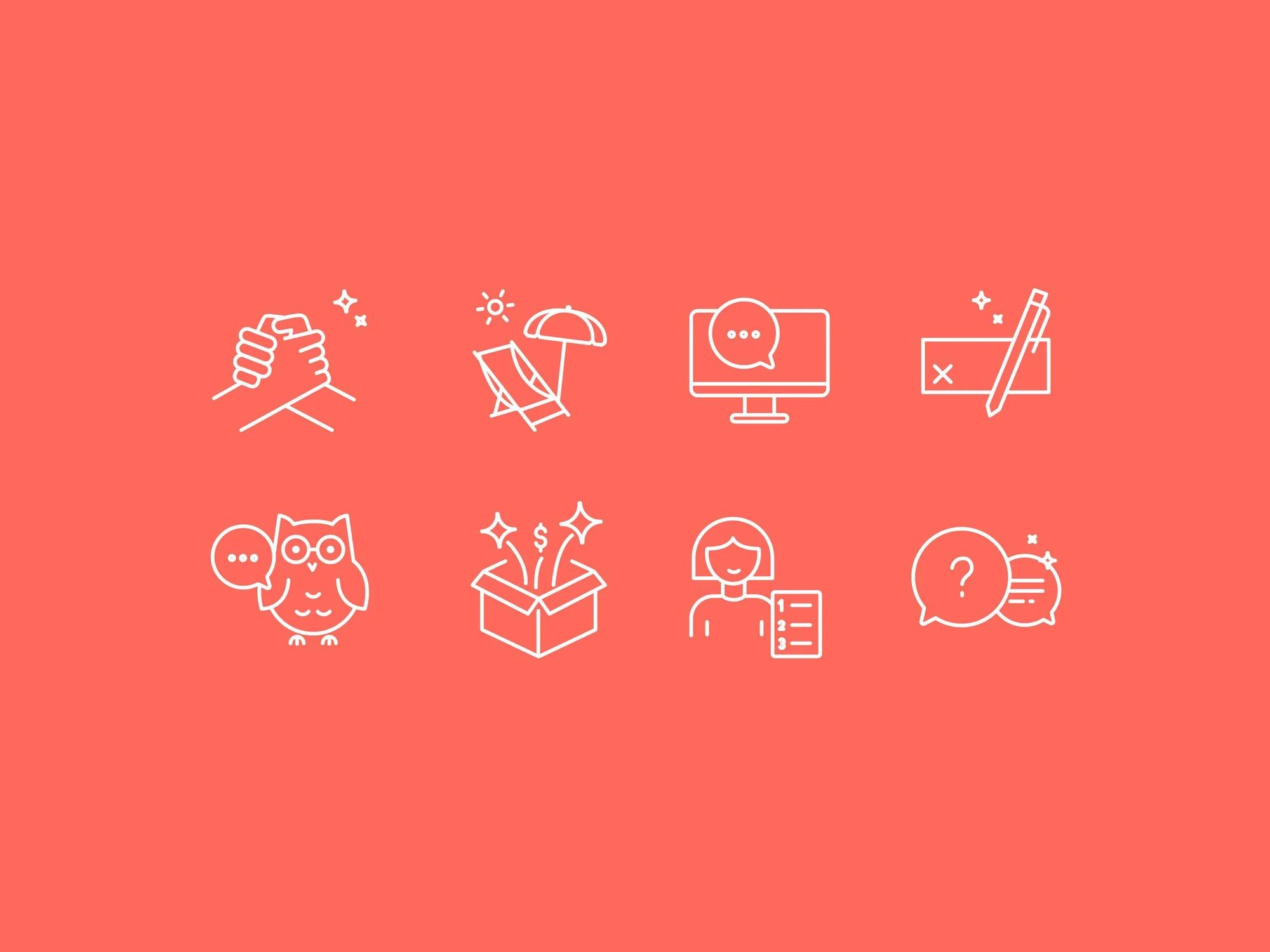 Various white line icons on a red background