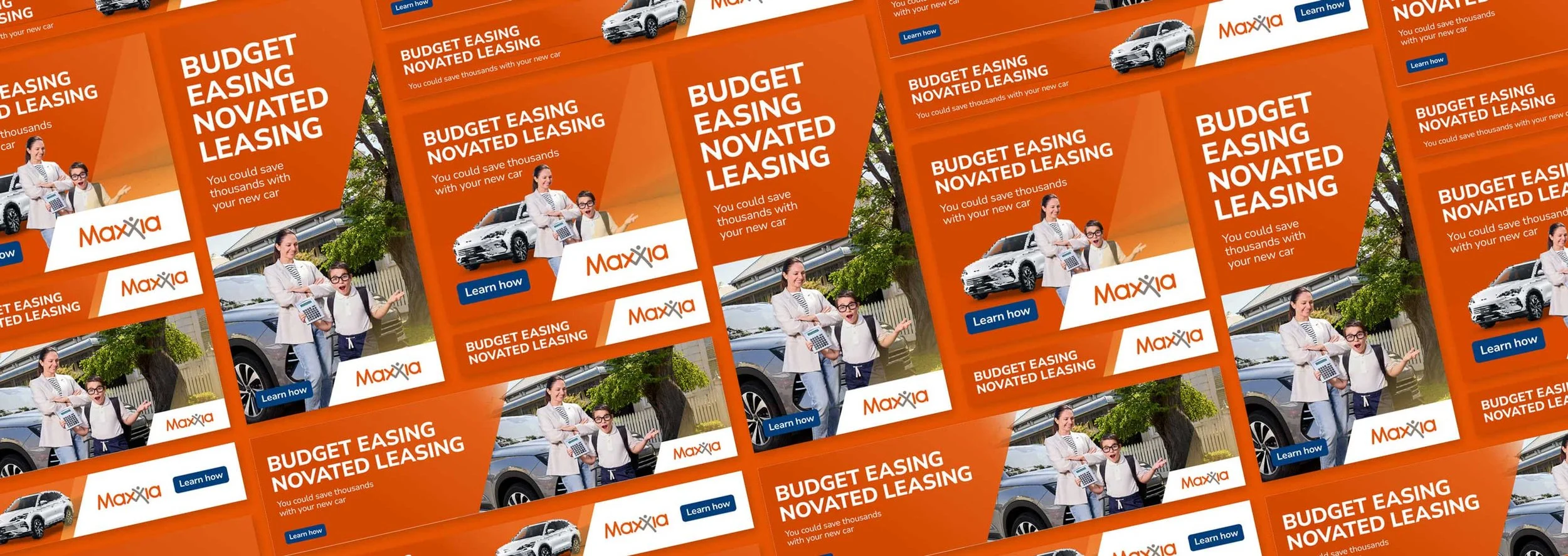 A collage of display banners with Maxxia's Budget Easing Novated Leasing creative