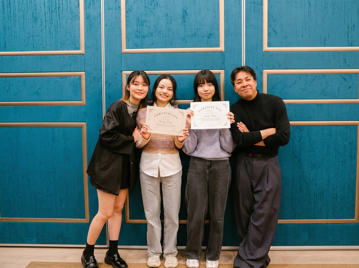 Four people standing in front of a blue wall, two women holding certificates, and a man standing next to them with arms crossed.