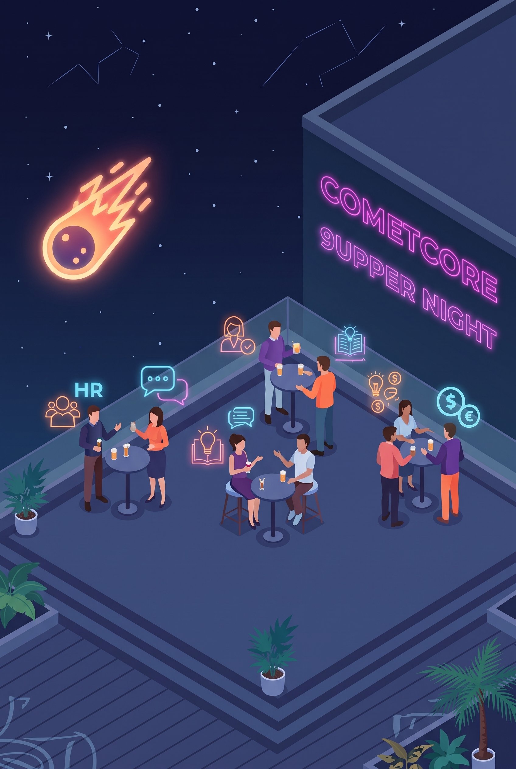 Night scene of a rooftop party with groups of people socializing, neon signs, and cartoon-like celestial objects including a comet, constellations, and stars. Large neon sign reads 'Cosmeticore Upper Night.'