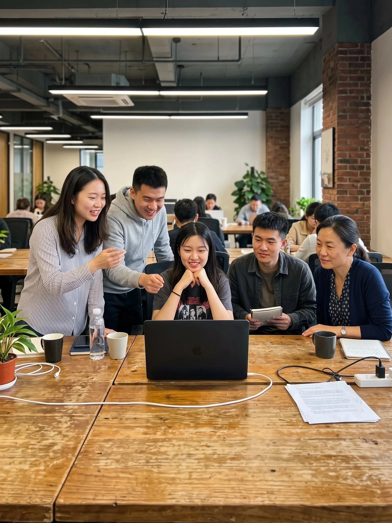 A group of five young adults gathered around a laptop at a wooden table in a modern office space, smiling and engaging with each other. The background shows other people working at desks, brick walls, large windows, and indoor plants.