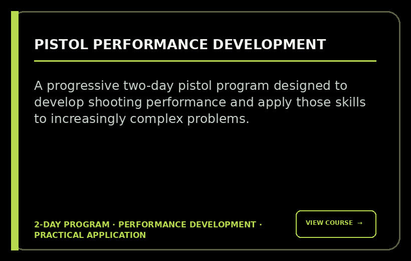 A promotional slide for a pistol performance development course, describing it as a two-day program to improve shooting skills for complex problems, with a call to action button labeled 'View Course'.