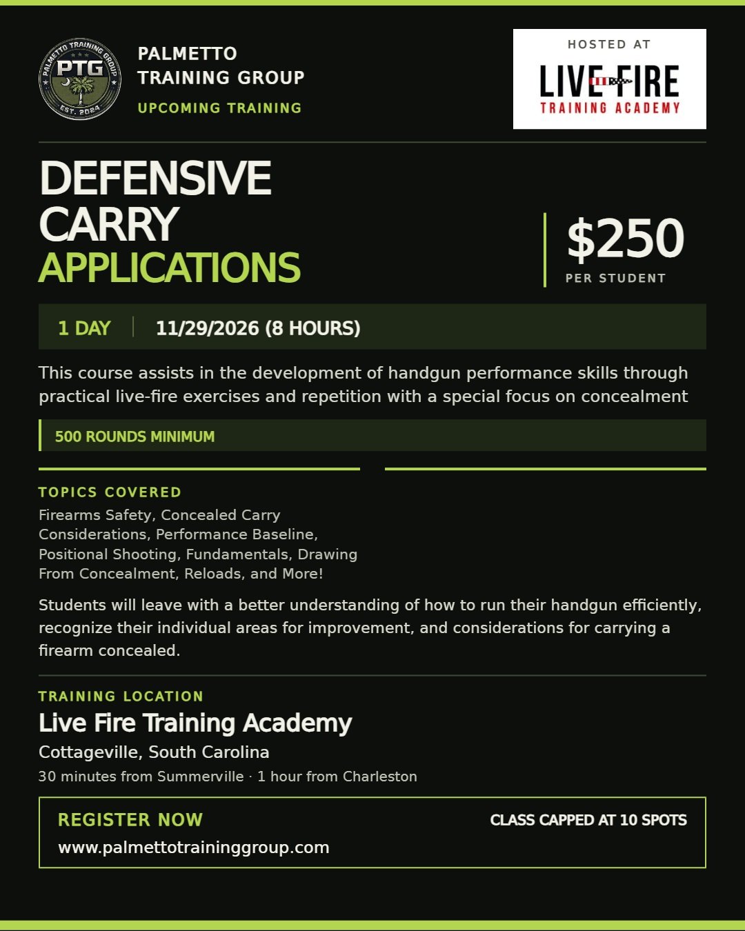 DEFENSIVE CARRY APPLICATIONS | NOVEMBER 29, 2026

Carrying a firearm concealed introduces considerations that go beyond the fundamentals. Defensive Carry Applications is a 1 day, live-fire course focused on developing handgun performance while addres