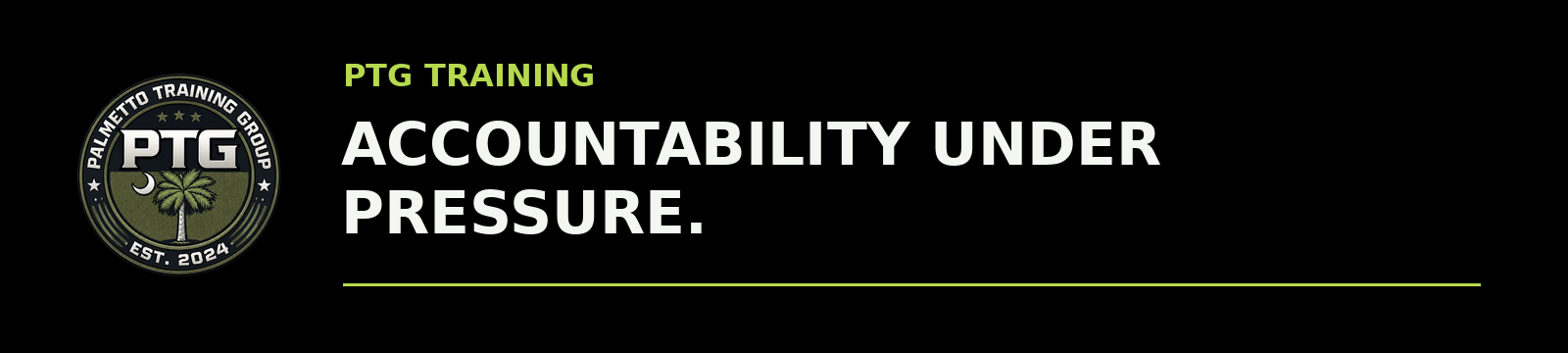 PTG Training logo with palm tree and globe icon, and text emphasizing accountability under pressure.