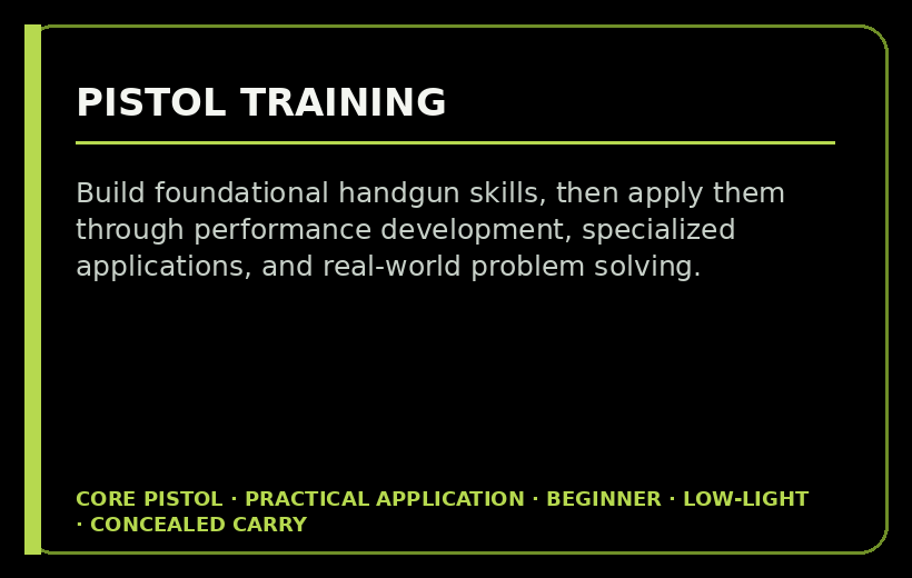 A black and green informational slide about pistol training, emphasizing building handgun skills through performance development, specialized applications, and real-world problem solving, suitable for beginners with a focus on concealed carry.