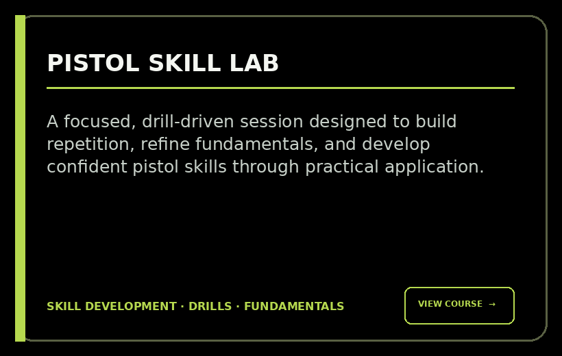 Pistol Skill Lab website section with description about improving pistol skills through drills and practice, includes a 'View Course' button.