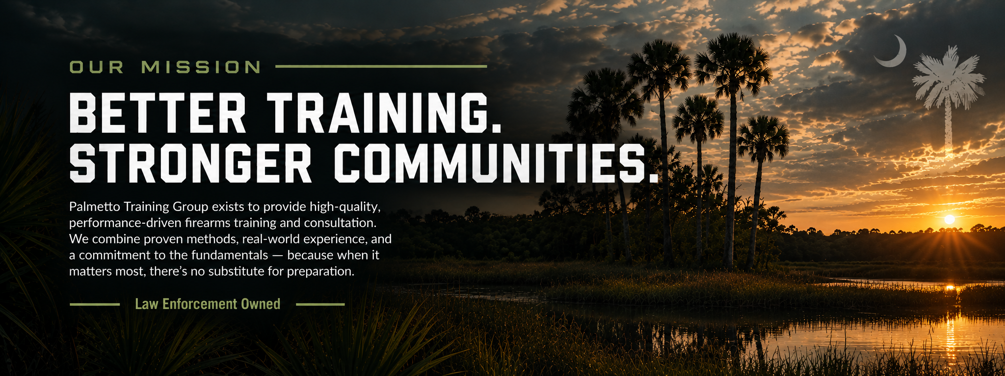 Sunset over a palm tree-lined river with dark clouds in the sky and promotional text about firearms training for law enforcement.