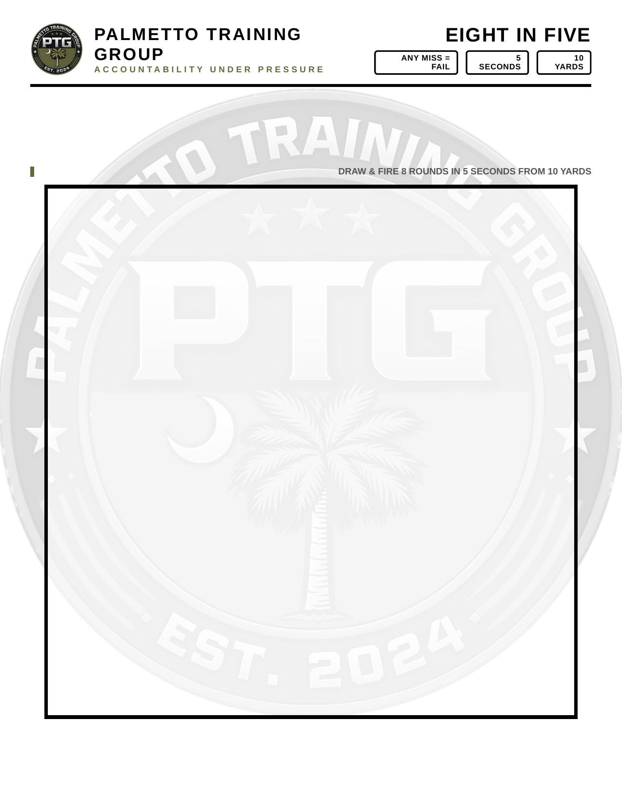 A training chart titled "Eight in Five" with instructions to draw and fire 8 rounds in 5 seconds from 10 yards, and options for misses or fails, seconds, and yards.