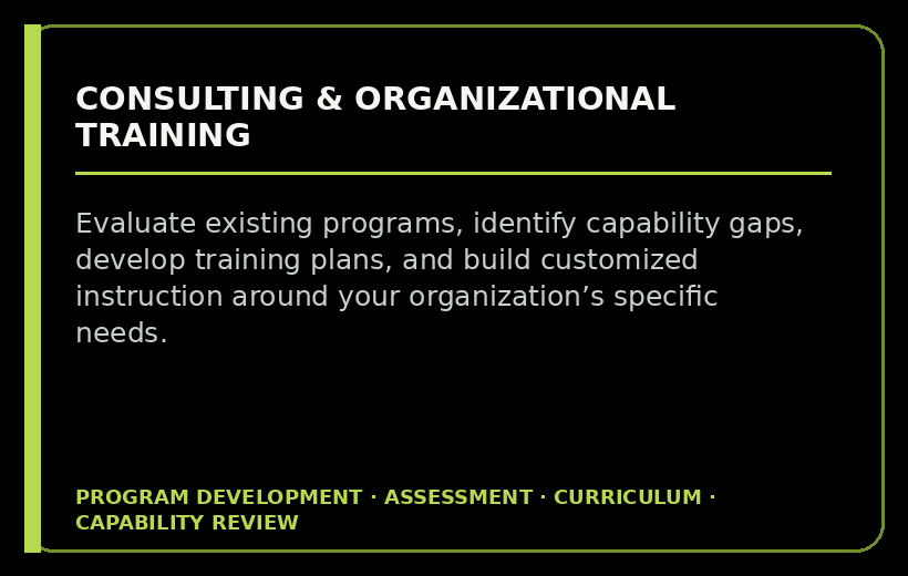 Black and green informational slide about consulting and organizational training, highlighting evaluating programs, developing plans, and building customized instruction.