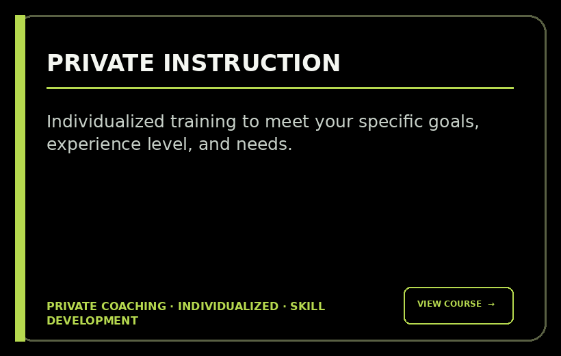 Advertisement for private instruction offering personalized training, coaching, skill development, and a course that can be viewed via a button.