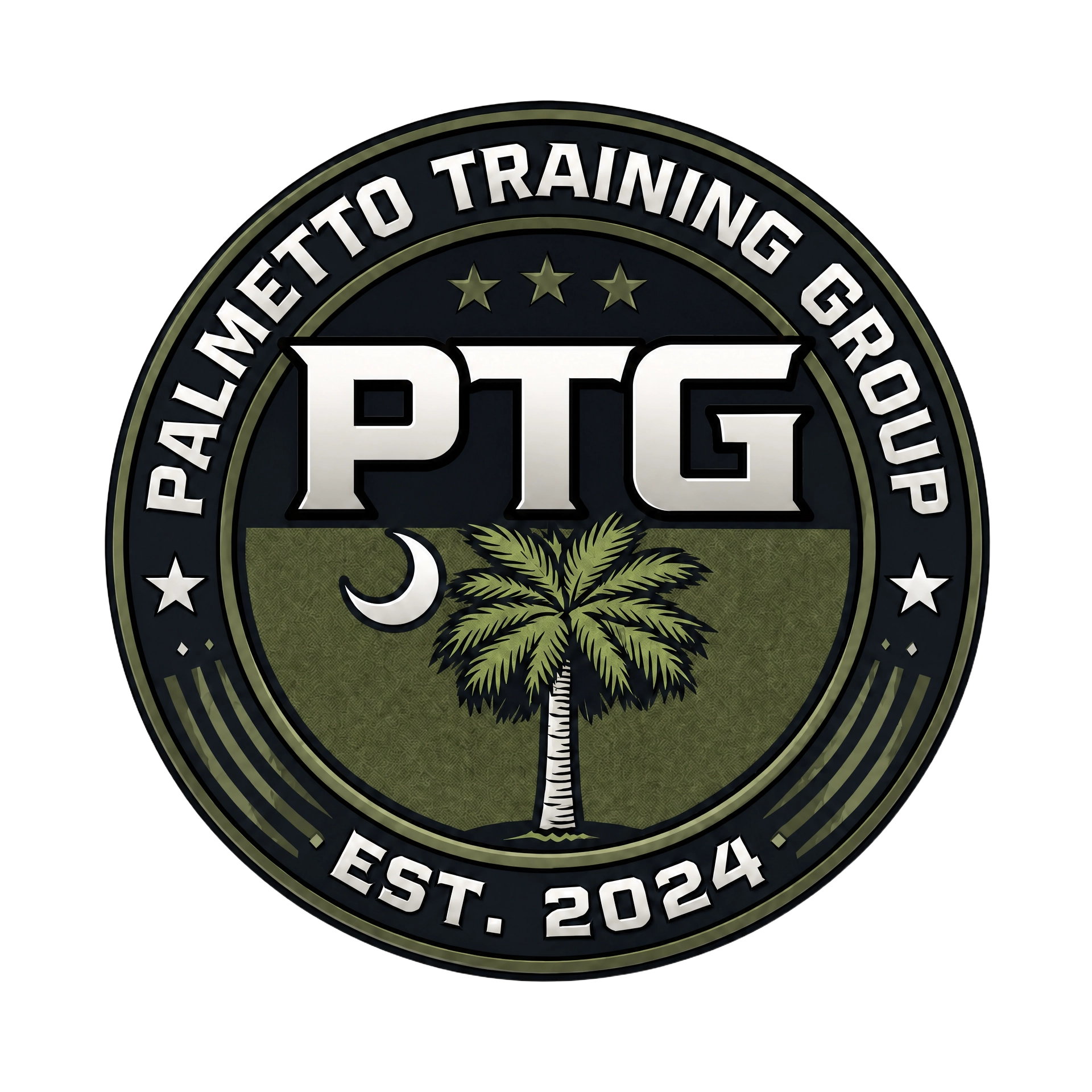 Logo for a firearms training group in South Carolina featuring a circular black and green badge with a crescent moon and palm tree, with text stating "Palmetto Training Group" which was established in 2024.