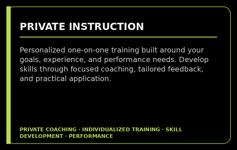 A black screen with green borders and text about private coaching and personalized training for skill development and performance improvement.