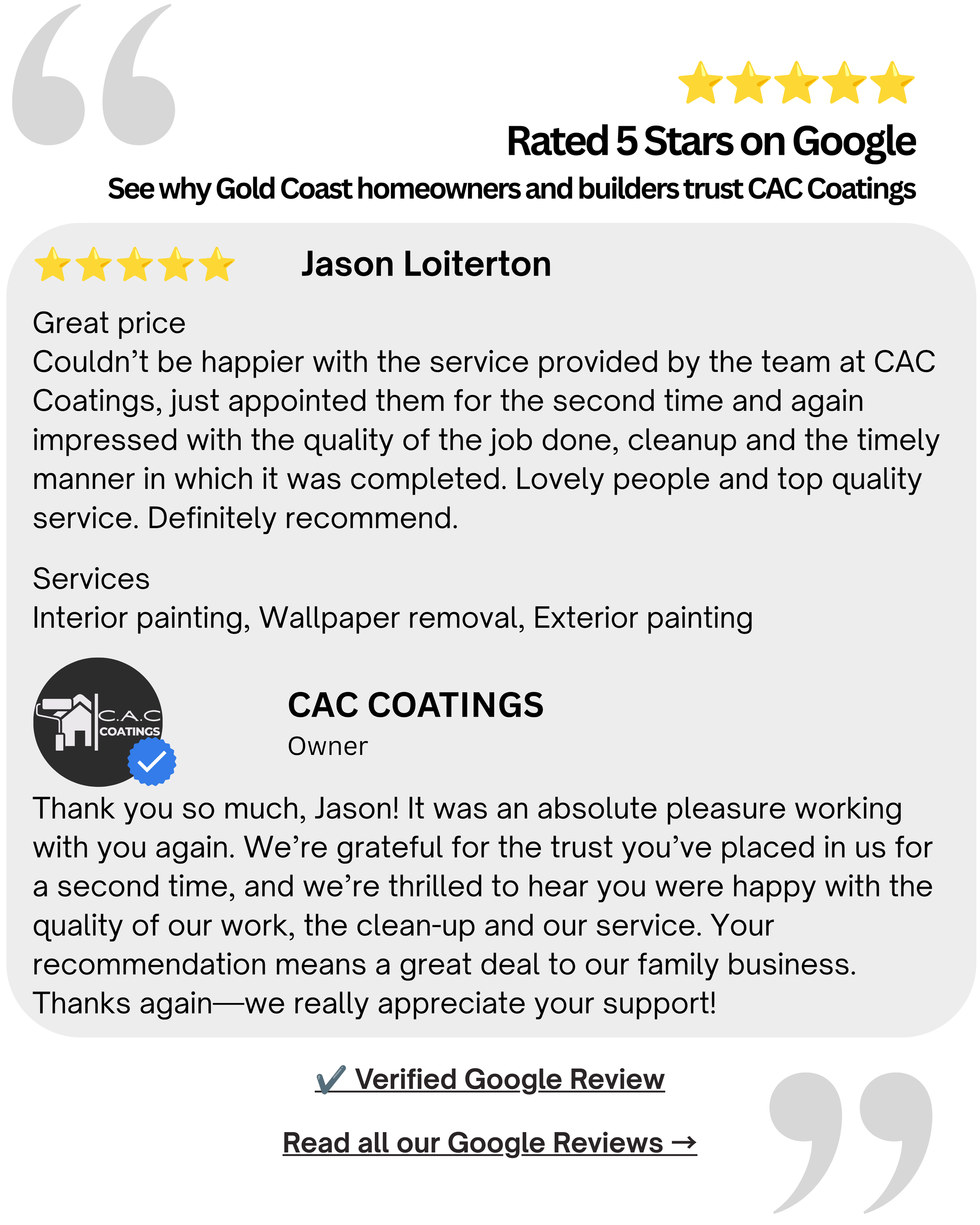 Five-star Google customer review for CAC Coatings