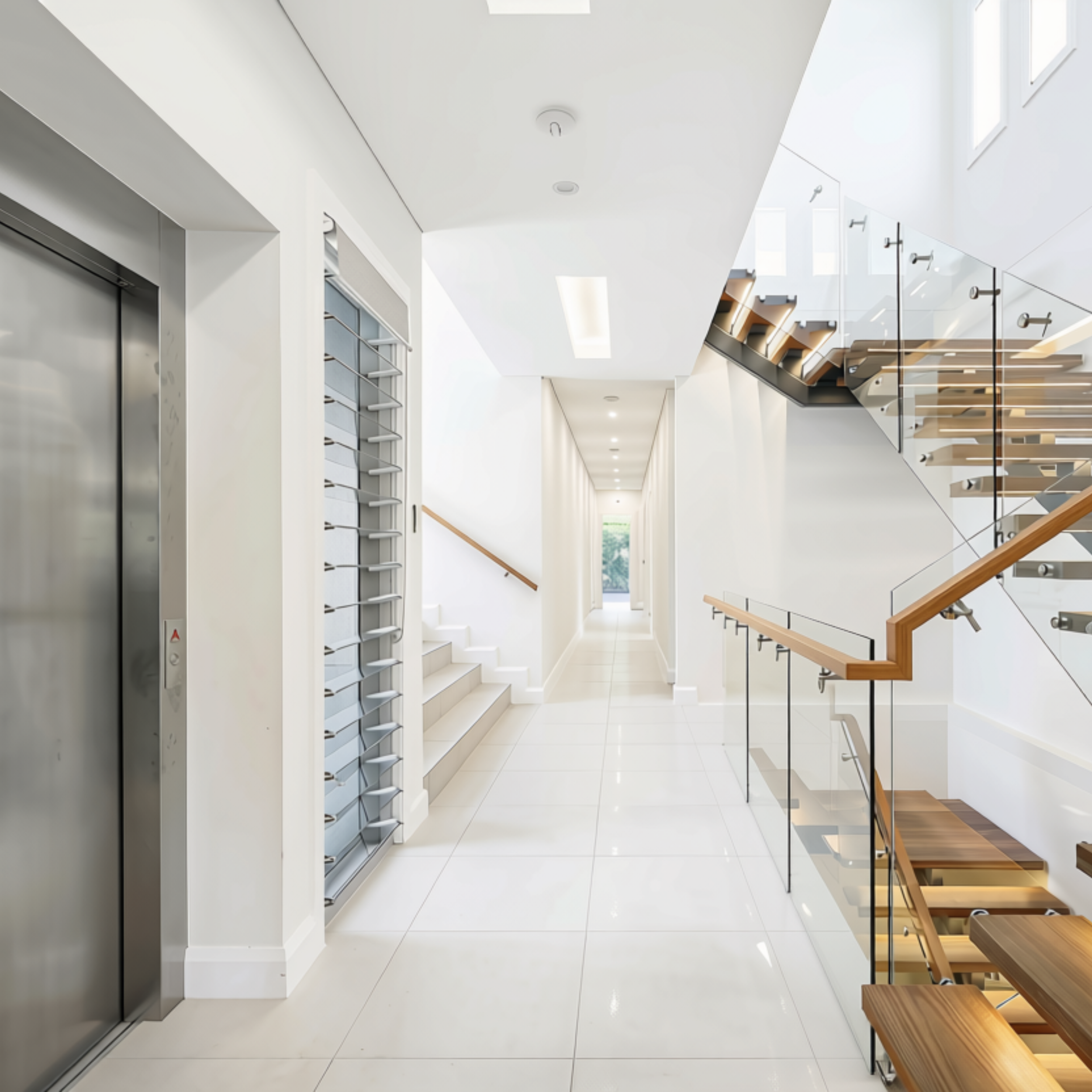 Freshly painted modern home interior with white walls and staircase