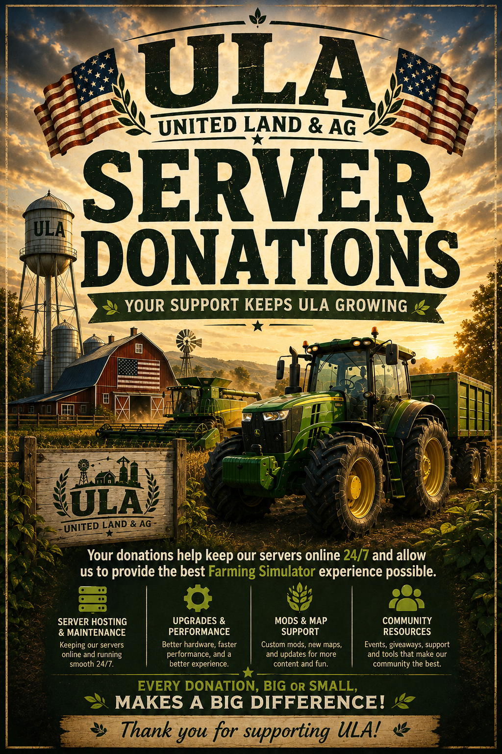 A farming scene at sunset with green tractors, a barn, silos, and a windmill, promoting ULA server donations for support, featuring flags, greenery, and a sign with ULA logo.