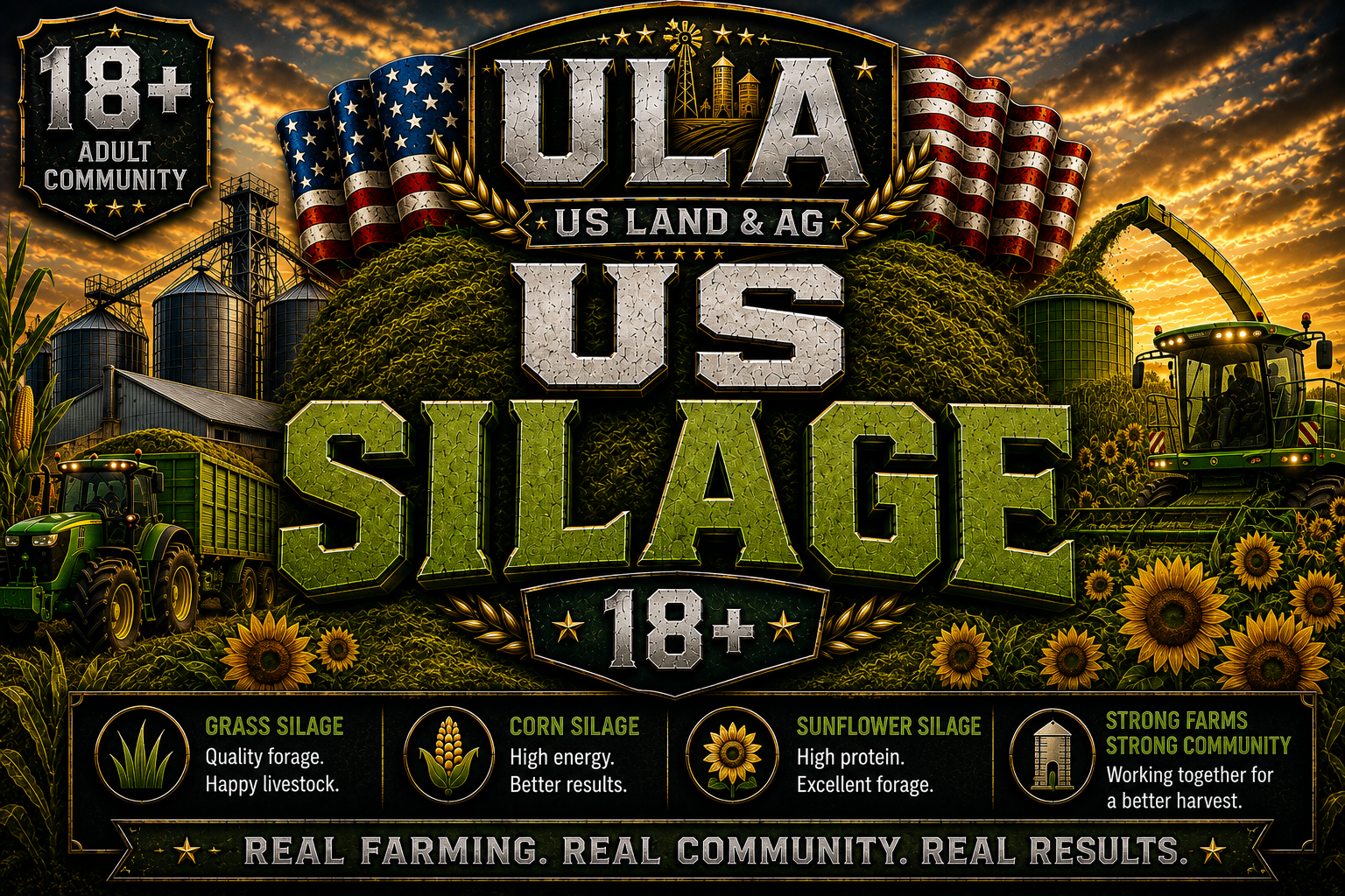 A promotional poster emphasizing the benefits of silage as a feed source for livestock. Contains imagery of farmland, silos, tractors, sunflower fields, and American flags at sunset. Highlights include adult community warning for 18+, and mentions of grass, corn, and sunflower silage, as well as strong farms and communities.