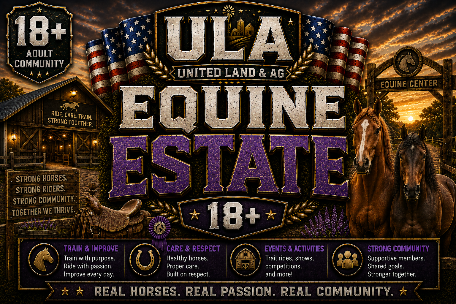 A graphic promoting an equine community at ULA, United Land & Agricultural. Features a sunset, two horses, a barn, and various texts about strong horses, riders, community, and activities like trail rides and shows. Contains logos, symbols, and a badge indicating 18+ adult community.
