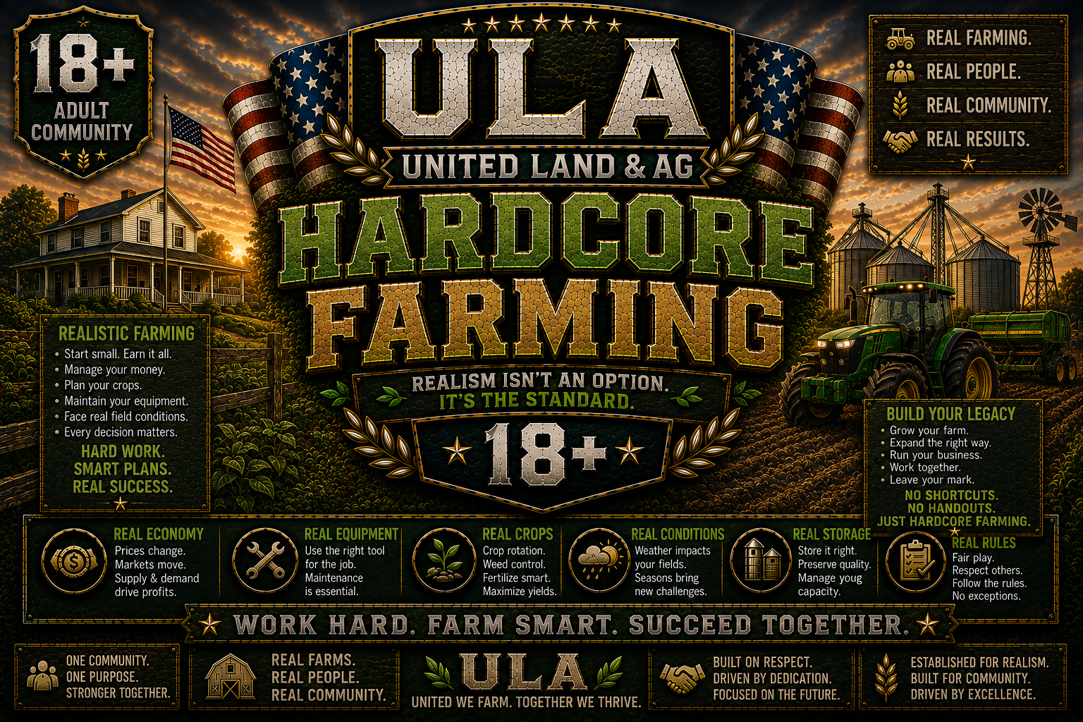 A vibrant graphic promoting hardcore farming with a sunset background, featuring a house, American flags, a tractor, grain silos, windmill, and infographic sections emphasizing real farming, community, and success for adults over 18.