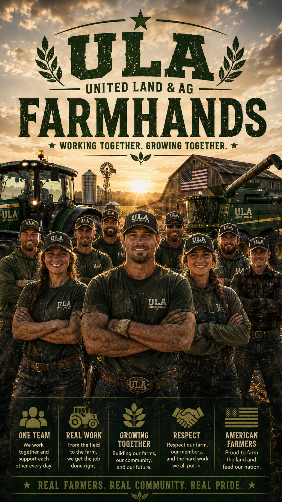 A group of farmers wearing ULA (United Land & Ag) branded clothing and hats standing in front of farming equipment on a farm at sunset. The image features a barn with an American flag, farm machinery, and a windmill. The text on the image highlights themes of teamwork, hard work, growth, respect, and pride in American farming.
