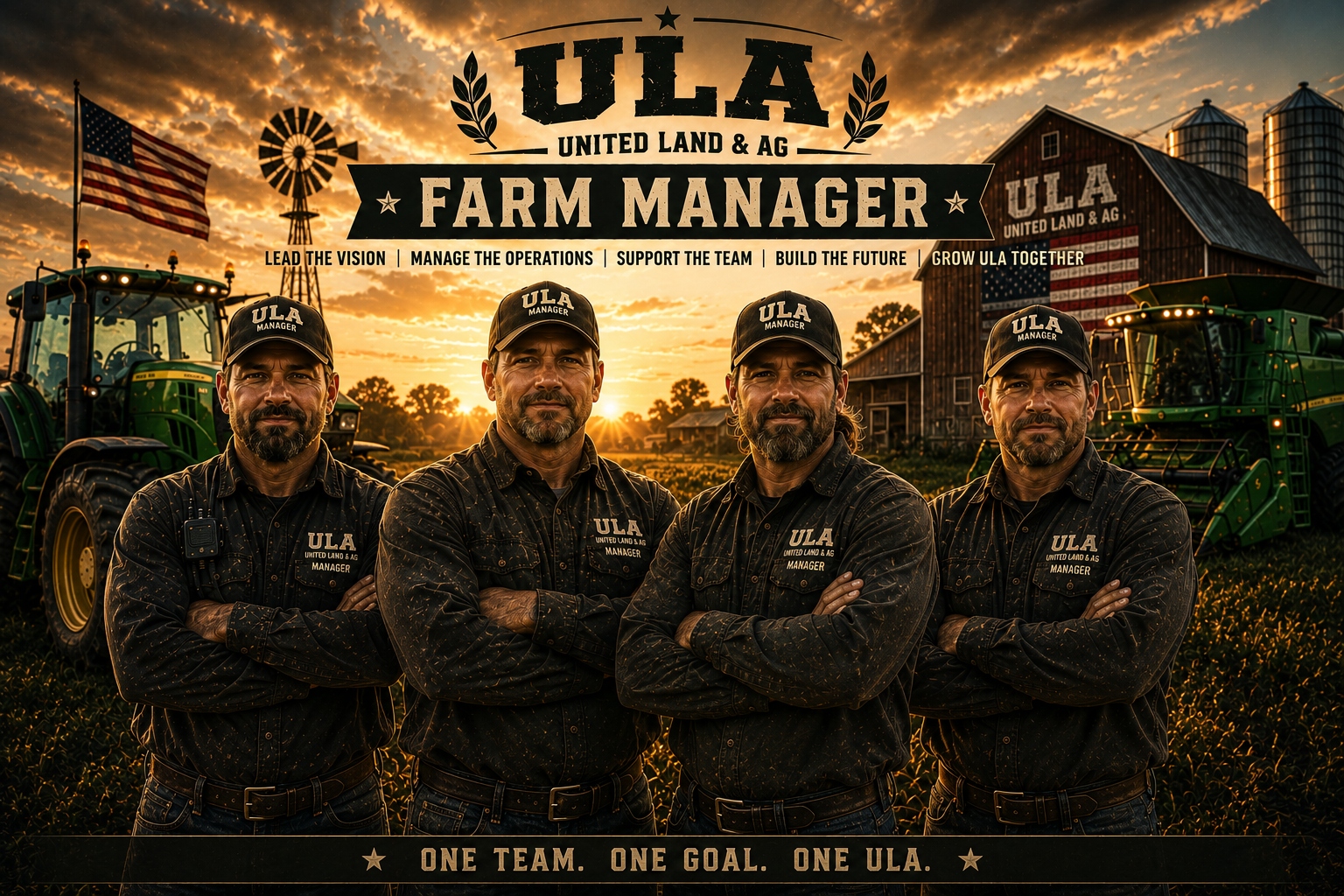 Four men in black ULA manager shirts and caps stand with arms crossed in front of farms and tractors during sunset, promoting ULA United Land & AG