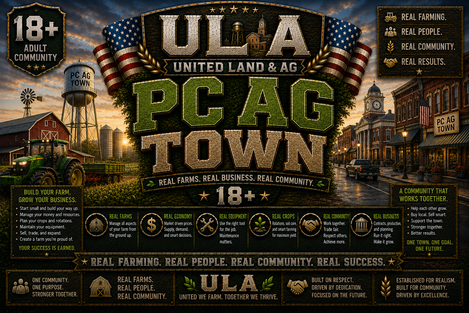 A detailed, colorful graphic promoting ULA, PCAG, and TOWN with images of a farm, tractor, barn, water tower, city street, and historical buildings. Includes slogans about farming community and honest work, with labels highlighting real farming, real economy, real equipment, and community values.