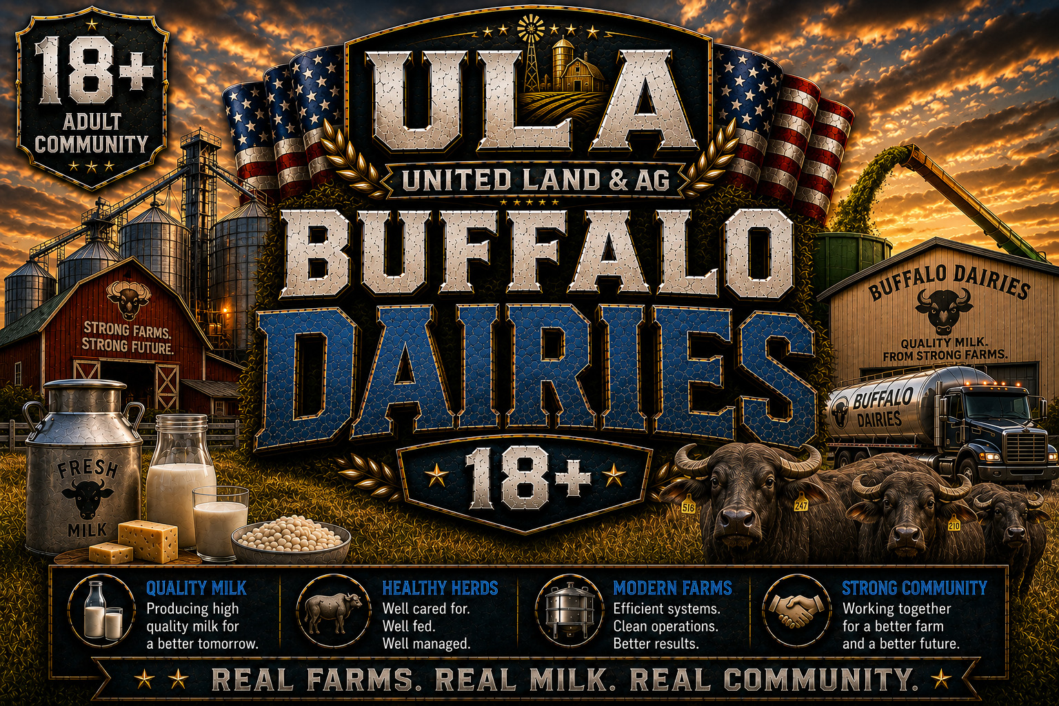A promotional graphic for U.S. land and agriculture, highlighting Buffalo Dairies. Features a farm scene at sunset with farm buildings, silos, a milk tanker truck, and buffalo. Emphasizes quality milk from strong farms, healthy herds, and modern farms, with an age restriction of 18+. Contains icons and text promoting quality milk, herd care, efficient farm operations, and community collaboration.