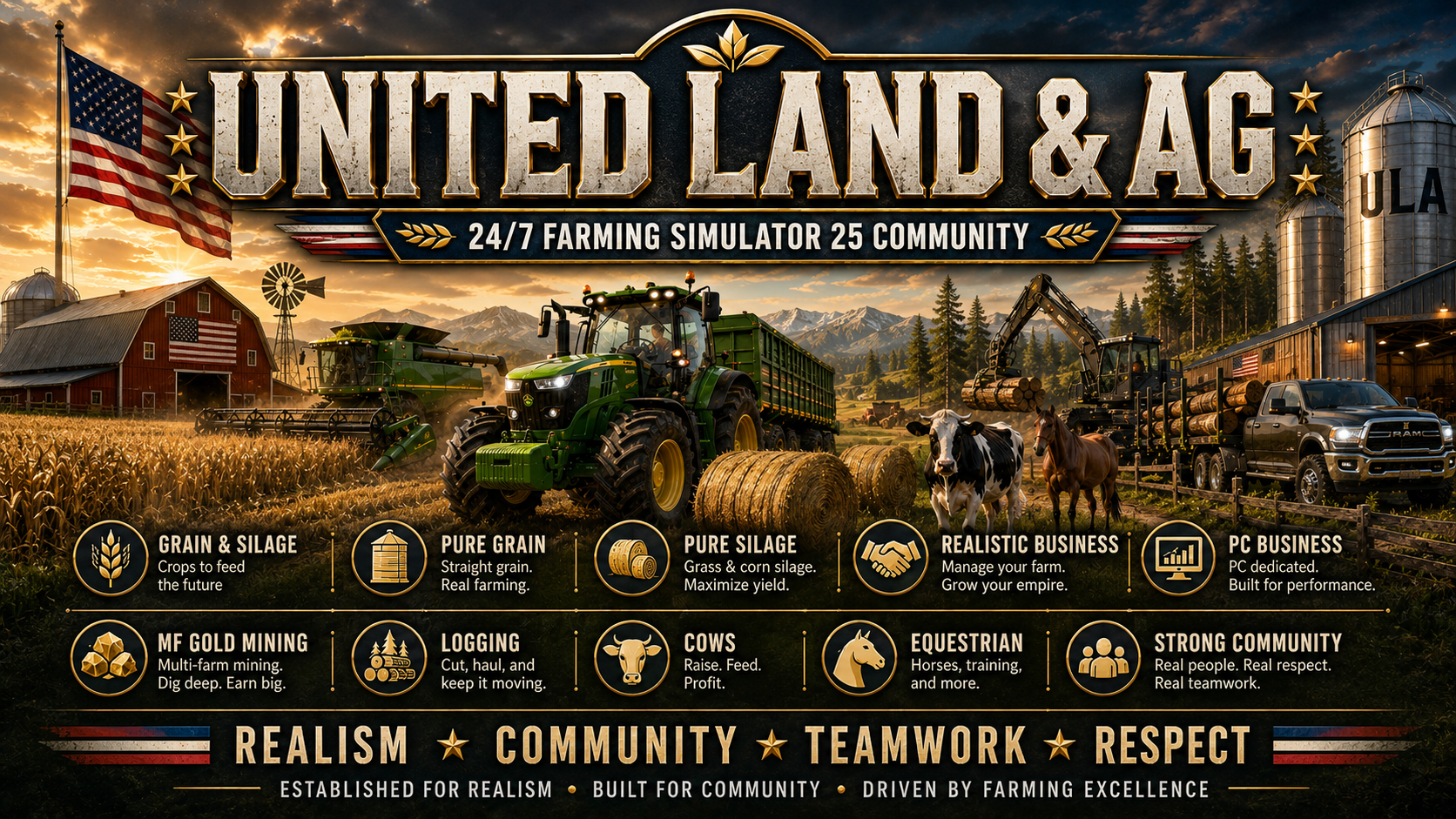 A promotional image for the game United Land & AG showcases a farm scene with tractors, cows, a barn, silos, and mountains under a sunset sky. Text highlights features like grain and silage, farming business, mining, logging, and community values.