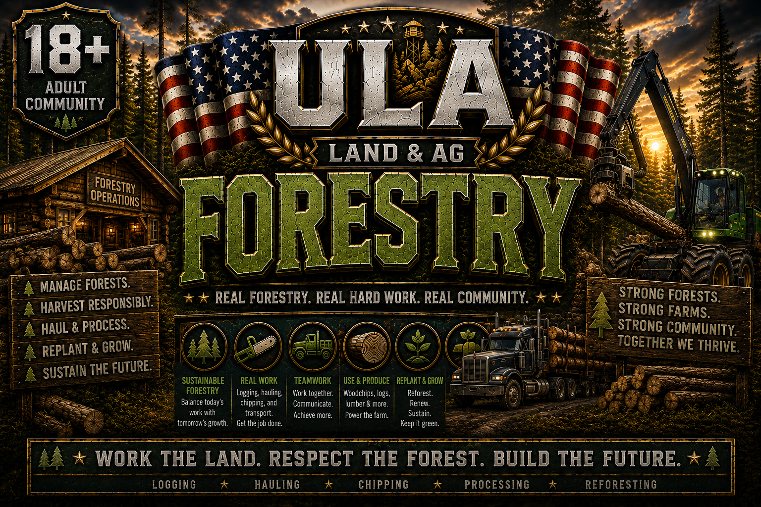 Infographic promoting sustainable forestry practices, featuring a forest scene with a sunset, a forest management building, a large tractor with logs, and text emphasizing responsible forestry, teamwork, use and produce, replant and grow, and community strength.