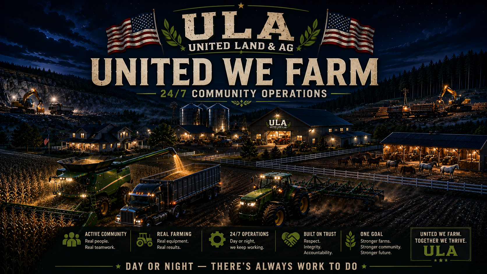 Nighttime farm scene with tractors, silos, farmhouses, horses, and farming equipment illuminated by lights, with large sign reading 'ULA United Land & Ag' and 'United We Farm.'