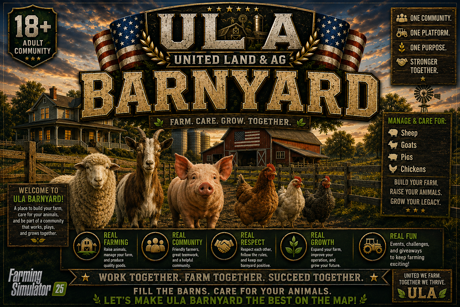 Promotional poster for ULA Barnyard, an animal farm community. Features a farm scene with a house, barn, and animals including a sheep, goat, pig, chickens, and a farm background at sunset. Highlights include farm care, community, respect, growth, fun activities, and a welcoming message.